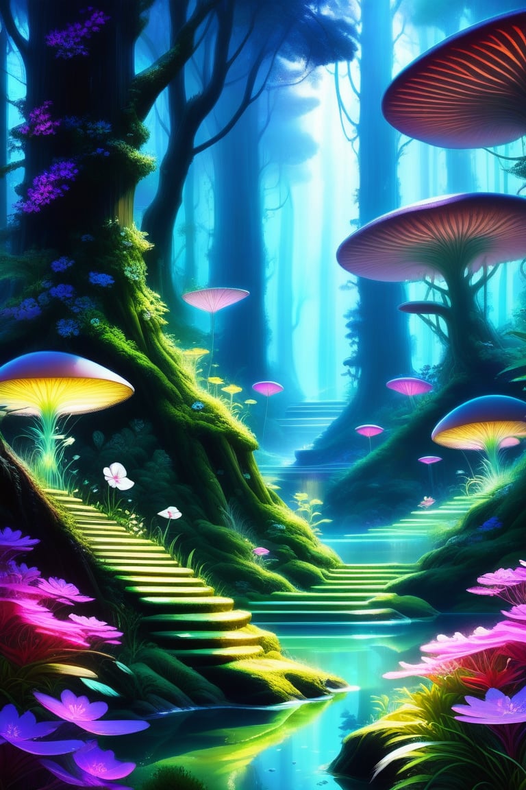 awod, flower, water, tree, no humans, plant, nature, scenery, forest, reflection, stairs, mushroom, alien world