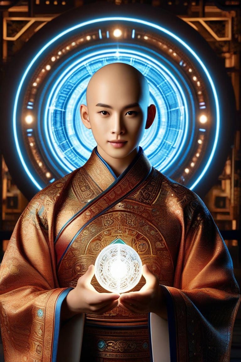 A majestic bald figure with East Asian features wears ornate traditional attire adorned with circular patterns and intricate designs, central forehead marking aglow. Richly decorated robe shines with golden and red motifs, signifying high status or ceremonial significance. Glowing orb in hand emits blue light, focal point amidst futuristic background blending ancient traditions with technological elements, suggesting a harmonious fusion of legacy, power, and enlightenment.