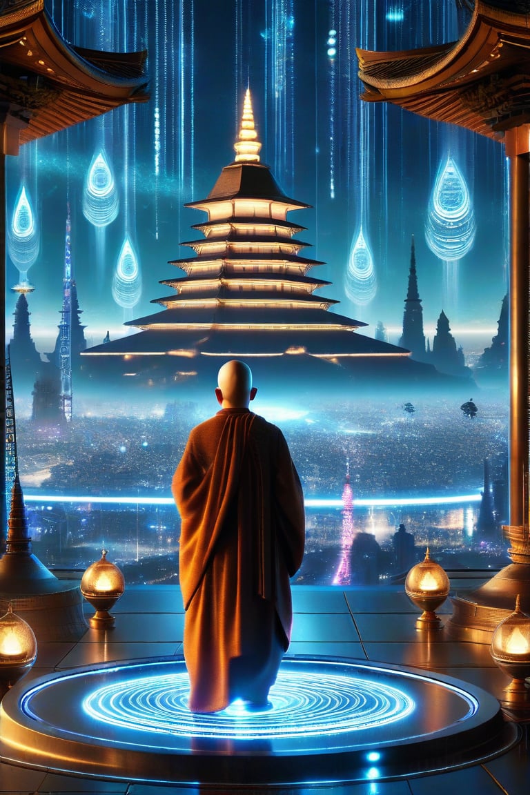 A serene monk stands within a futuristic pagoda's gleaming dome, surrounded by swirling circuits and pulsing LEDs. Softly glowing orbs hover above, casting an ethereal light on his peaceful expression. In the distance, sleek skyscrapers pierce the smoggy sky, while holographic whispers seem to emanate from the intricate carvings on the pagoda's walls. The air is alive with the hum of ancient wisdom and technological innovation, as the monk's eyes shine with an otherworldly understanding.