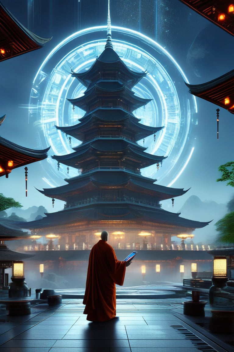 A futuristic scene, a monk in the future pagoda, technologies, To enlighten