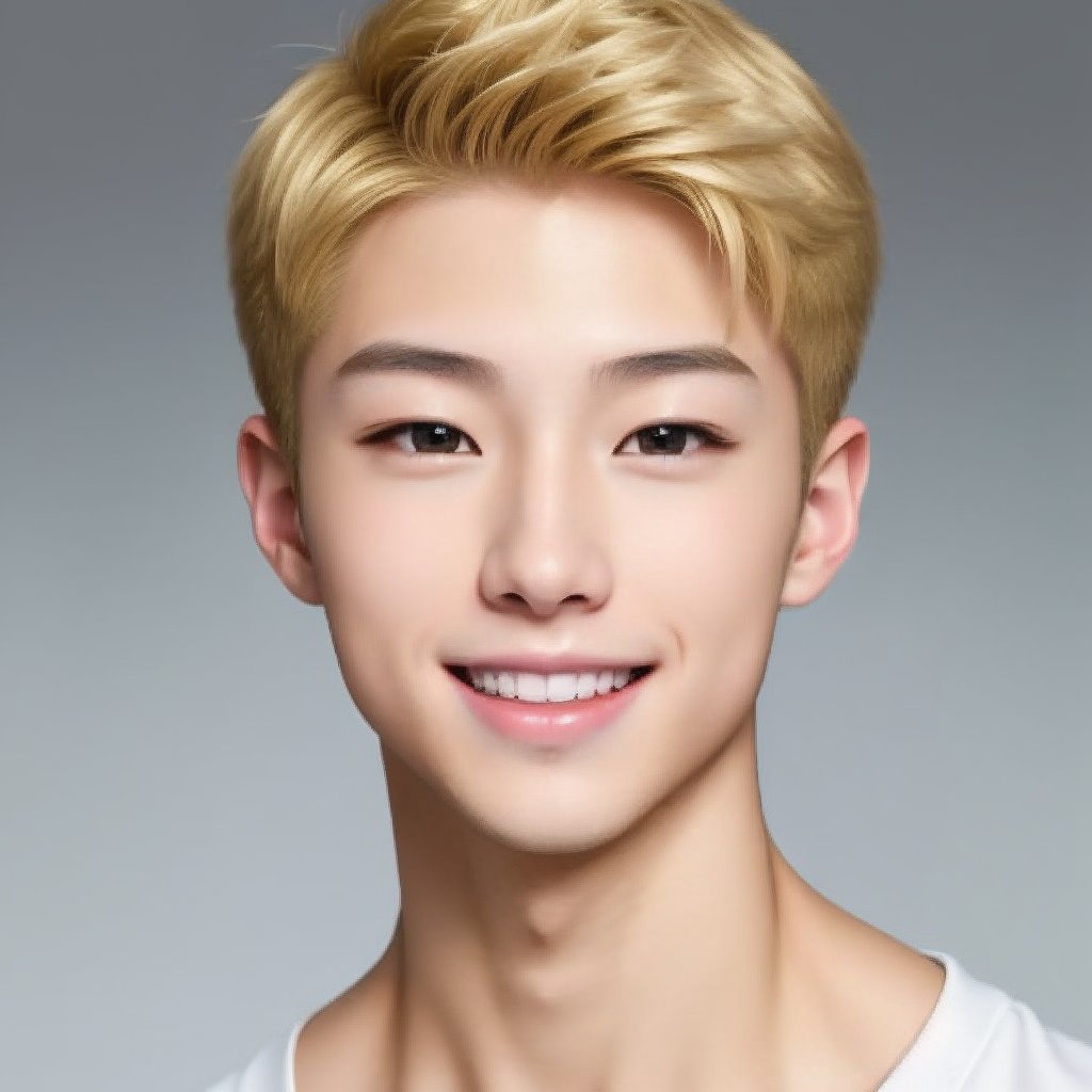 ikemen_heihei, solo, looking at viewer, smile, blonde hair, 1boy, male focus, black eyes, lips, portrait, realistic, nice photo, masterpiece, simple background, bright, face of ikemen_heihei, Adam's apple, 14 years old,