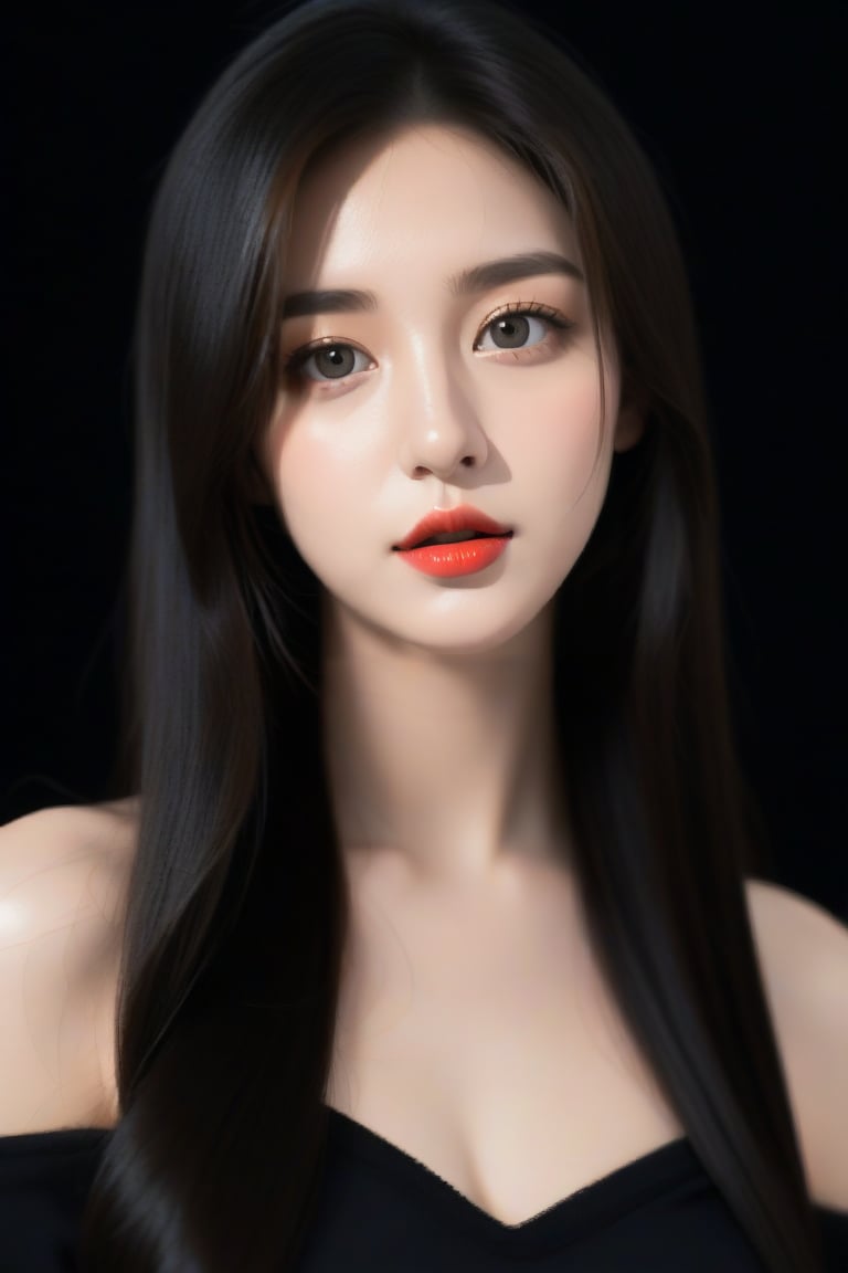 masterpiece, best quality, realistic, 1girl, solo, upper body, long hair, black hair, looking at viewer, Black Background, 