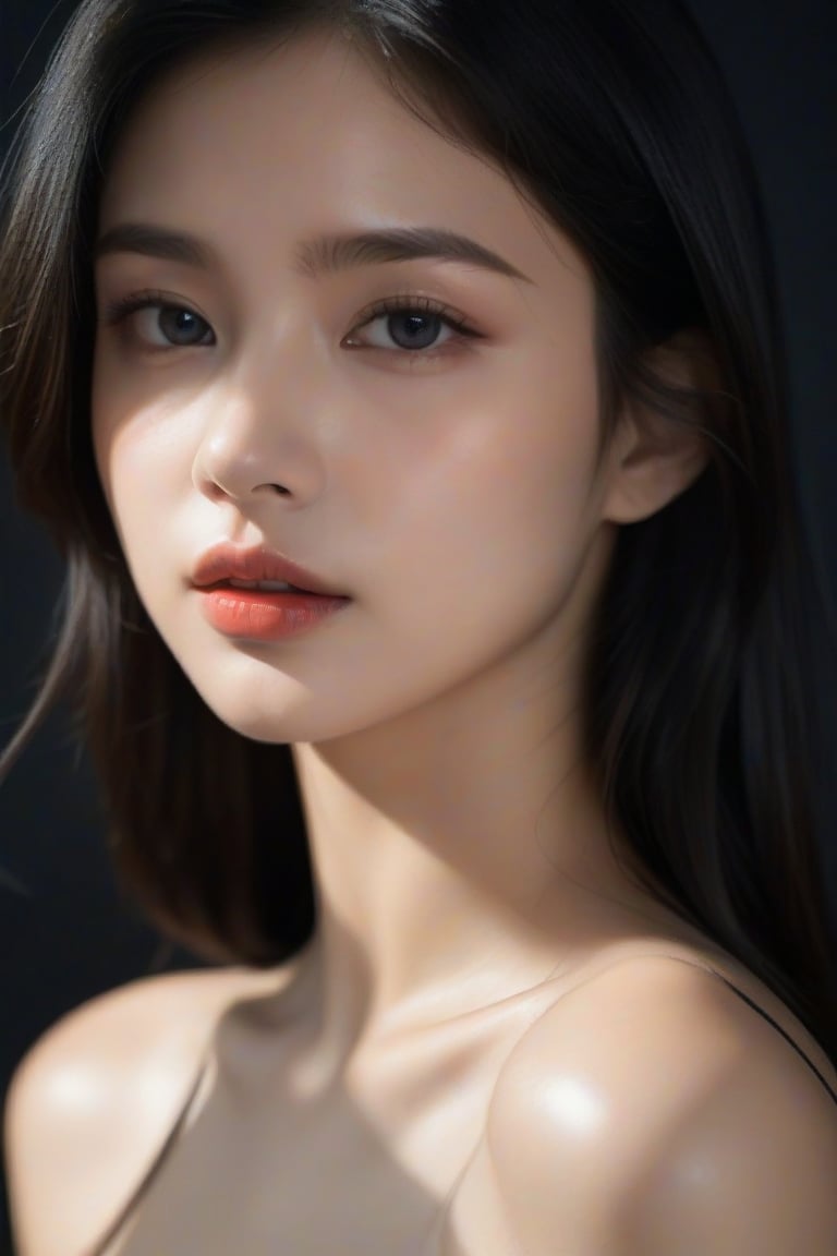 masterpiece, best quality, hyper-realistic, 1girl, solo, silky long hair, looking directly at viewer, jet-black hair, upper body, Black Background, gentle lighting, natural shading, serene look, clear skin, dark eyes, simple background, smooth texture, high detail, depth of field, realistic portrait, classic setting