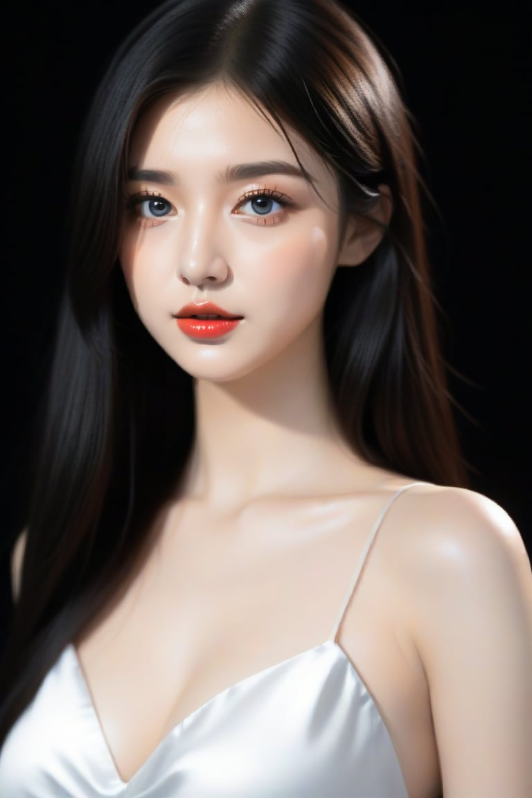 masterpiece, best quality, realistic, 1girl, solo, upper body, long hair, black hair, looking at viewer, Black Background, 