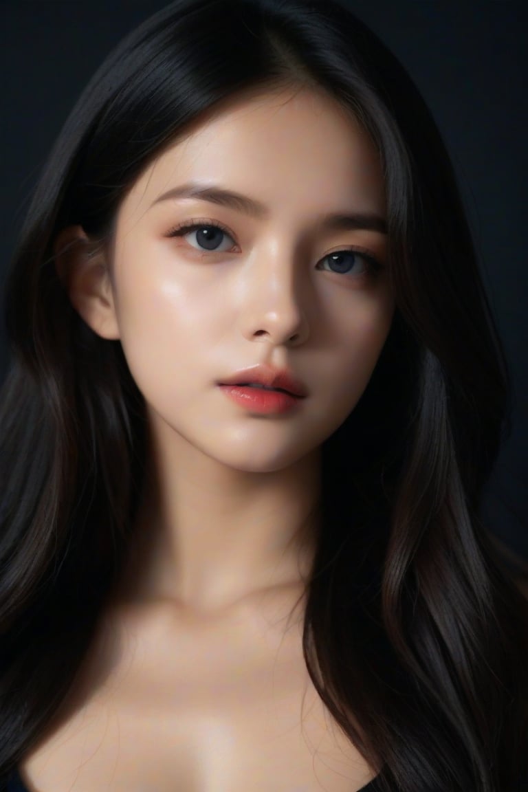 masterpiece, best quality, ultra-realistic, 1girl, solo, long wavy hair, looking at viewer, raven black hair, upper body, Black Background, soft focus, natural light, delicate features, expressive eyes, simple background, classic portrait, minimalistic background, smooth skin, focused expression, cinematic lighting, photo-realism