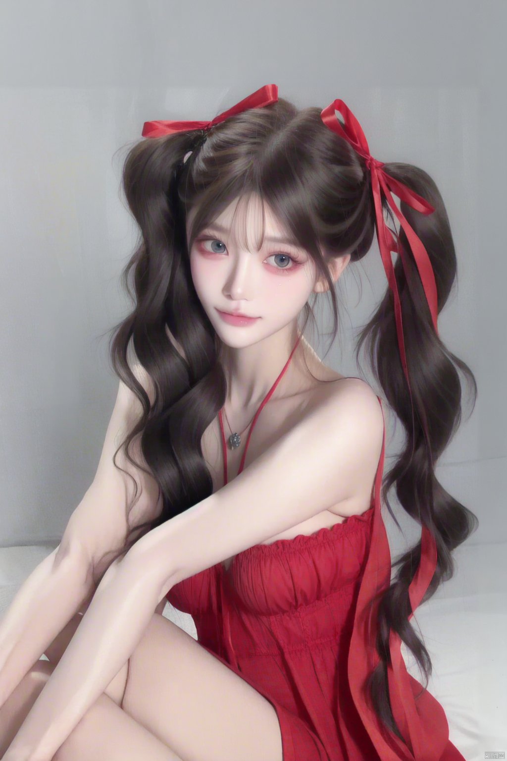 1girl, solo, long hair, looking at viewer, black hair, dress, ribbon, bare shoulders, twintails, sitting, hair ribbon, grey background, red dress, realistic