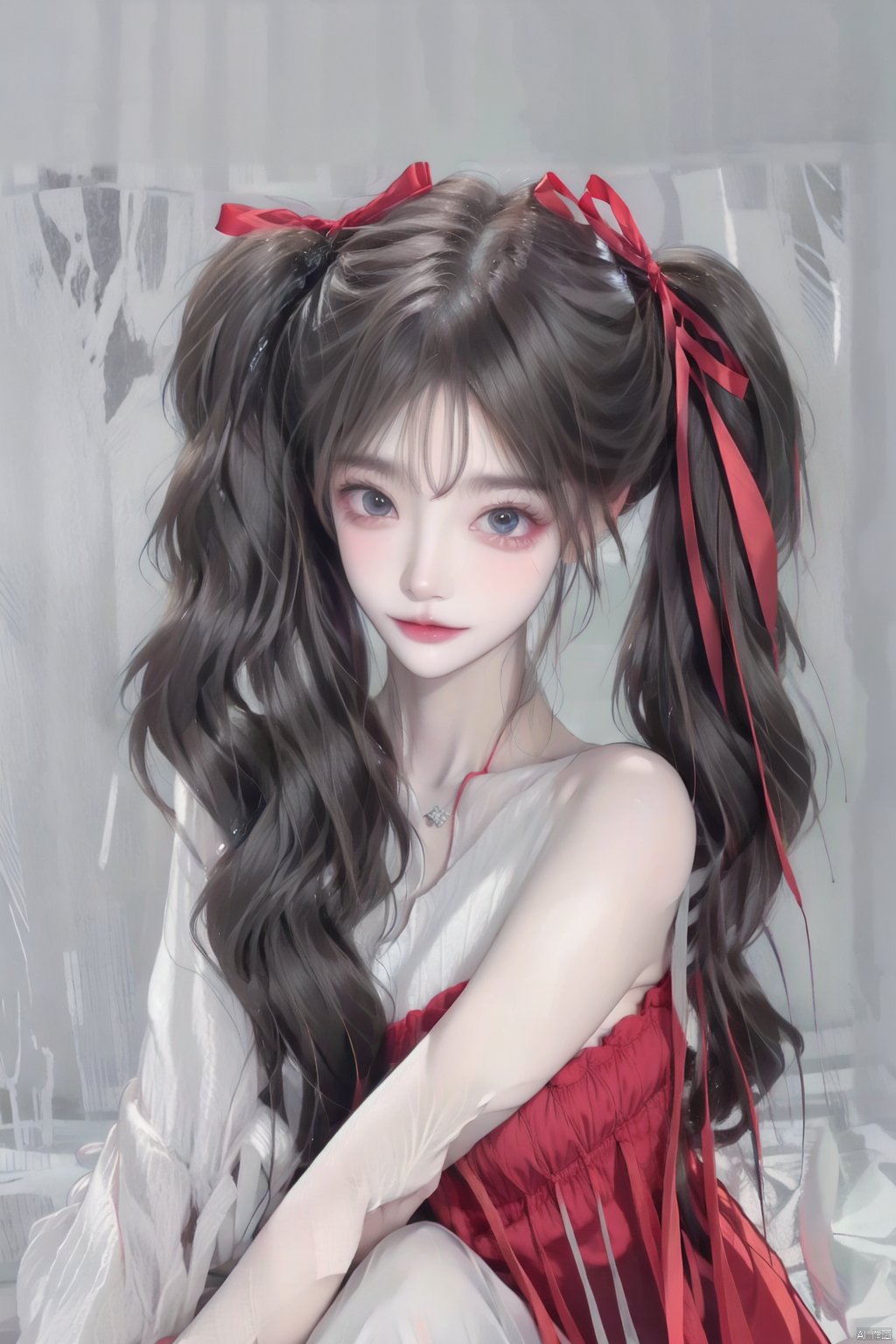 1girl, solo, long hair, looking at viewer, black hair, dress, ribbon, bare shoulders, twintails, sitting, hair ribbon, grey background, red dress, realistic