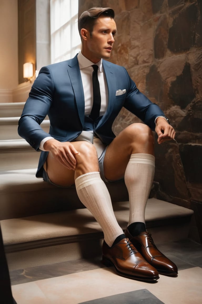 suit men wearing bermuda shorts with brown oxford shoes, full portrait, wearing socks garter, editorial, pulling up socks, over the calf socks, putting on socks, sitting