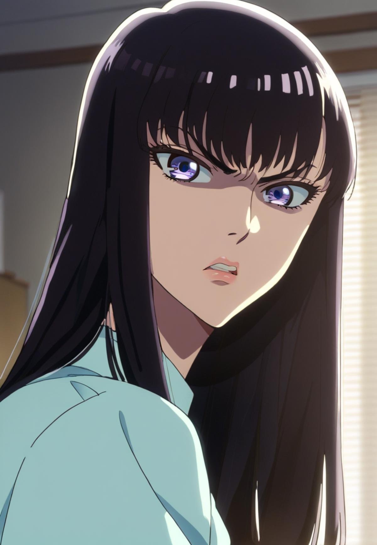 score_9_up, score_8_up, score_7_up, source_anime, <lora:Akira_Tachibana_-_After_rain_PDXL:1>, akira tachibana, long hair, black hair, purple eyes, wide lips, looking at viewer, angry, shaded face, face focus, indoors, best quality, high quality