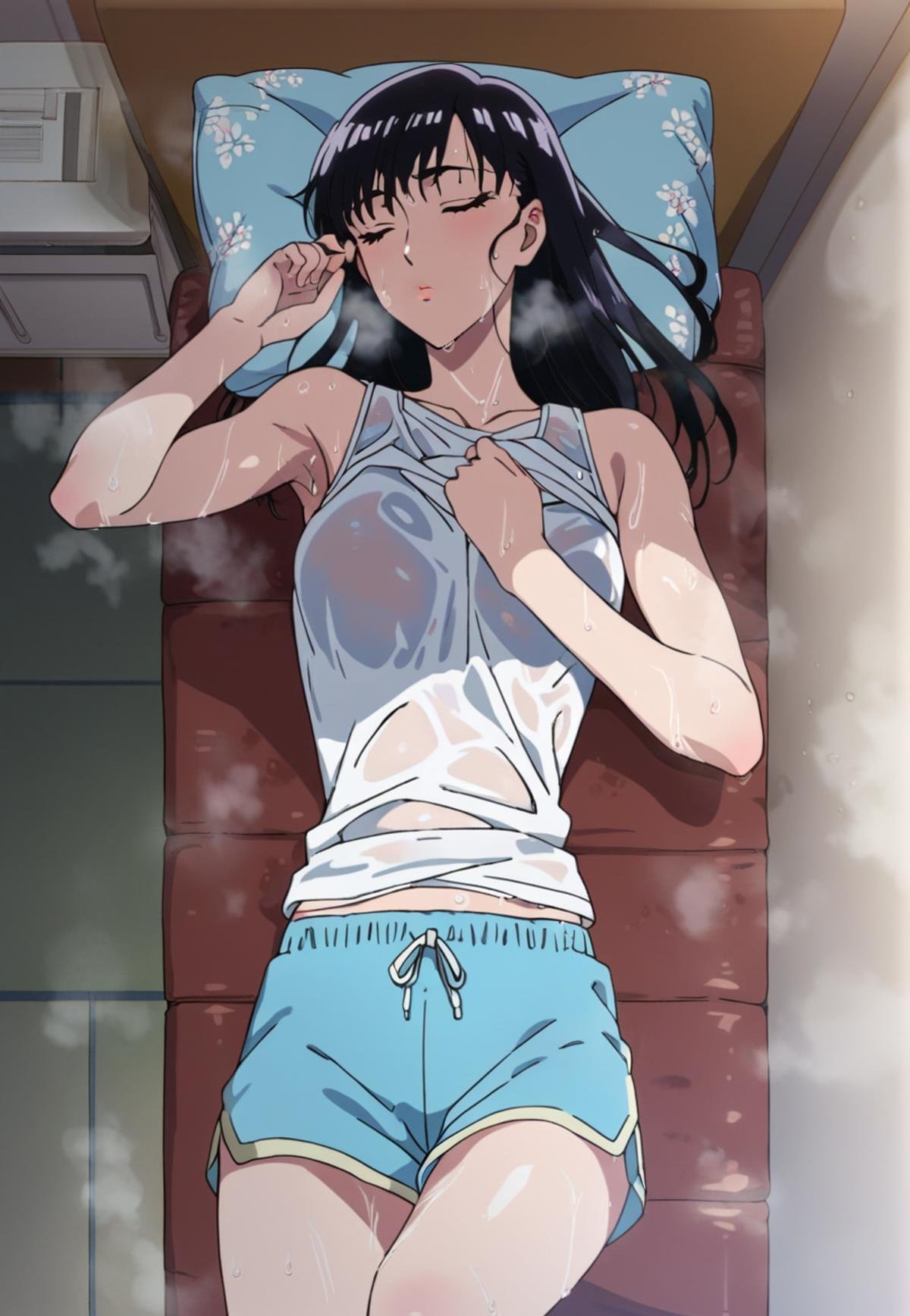 score_9_up, score_8_up, score_7_up, source_anime, <lora:Akira_Tachibana_-_After_rain_PDXL:1>, akira tachibana, long hair, black hair, purple eyes,  wide lips, medium breasts,  white tank top, blue sport shorts, (sweat, wet, steaming body, lay, on back, sleeping, on couch, closed eyes, mouth little open, steaming breath,) from above, solo, indoors, best quality, high quality