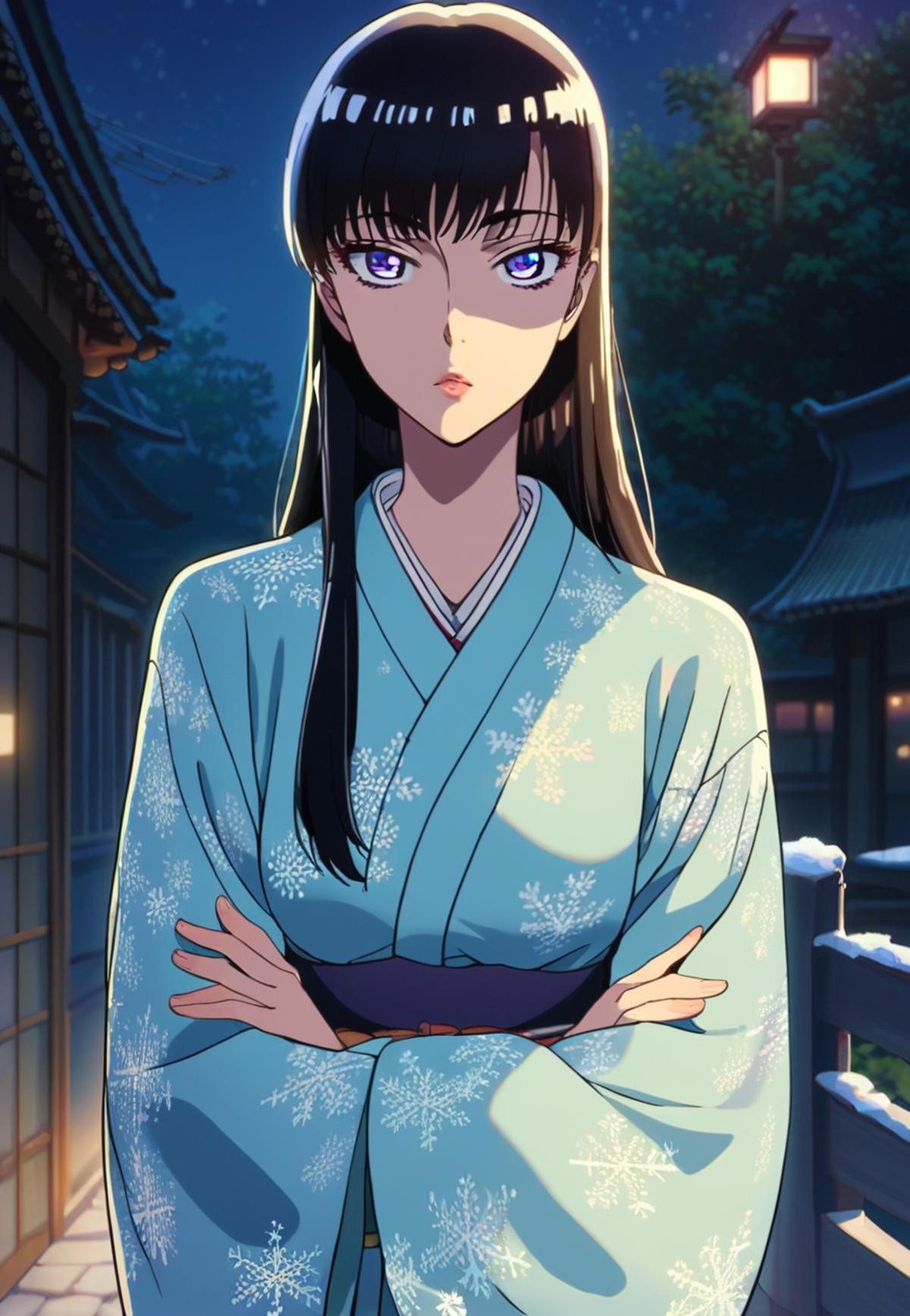 score_9_up, score_8_up, score_7_up, source_anime, <lora:Akira_Tachibana_-_After_rain_PDXL:1>, akira tachibana, long hair, black hair, purple eyes,  wide lips, medium breasts,  shaded face, kimono with snowflake pattern, standing, crossed arms, looking at viewer, face focus, pov, outdoors, at night, best quality, high quality