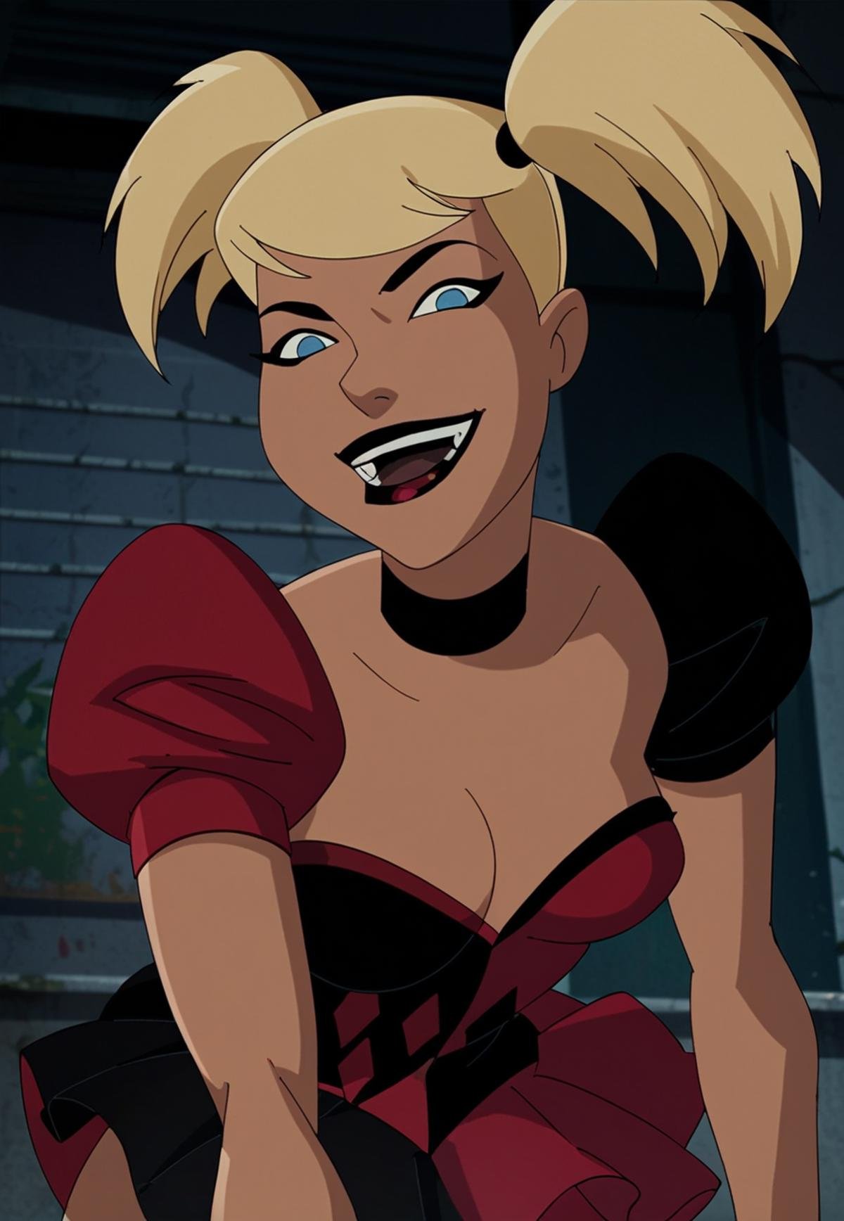 score_9_up, score_8_up, score_7_up, <lora:Harley_quinn_and_Poison_ivy_PDXL:1>, harley quinn, blonde hair, solo, blue eyes, breasts,  cleavage, open mouth, smile, looking at viewer, skirt, harley quinn waitress costume solo, best quality, high quality