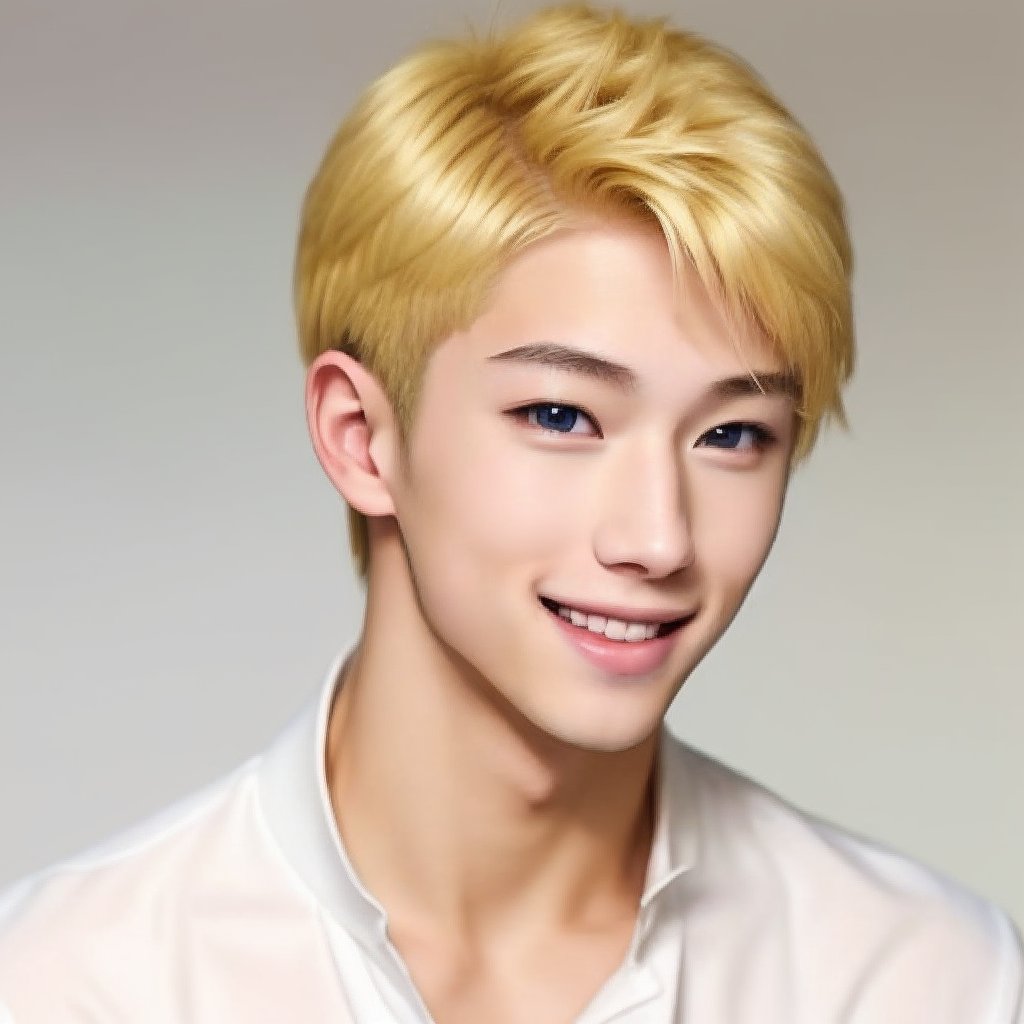 ikemen_heihei, solo, looking at viewer, smile, blonde hair, 1boy, male focus, black eyes, lips, portrait, realistic, nice photo, masterpiece, simple background, bright, face of ikemen_heihei,