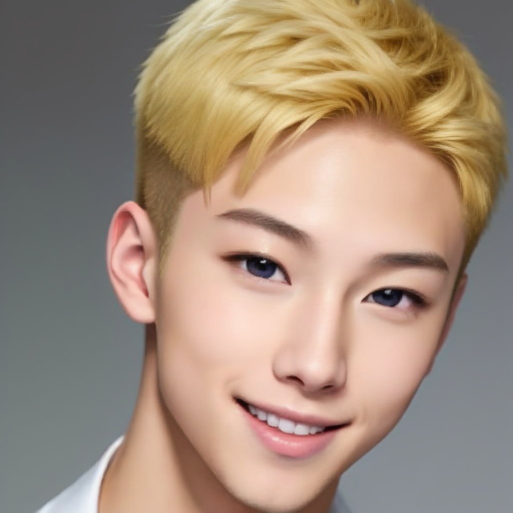 ikemen_heihei, solo, looking at viewer, smile, blonde hair, 1boy, male focus, black eyes, lips, portrait, realistic, nice photo, masterpiece, simple background, bright, face of ikemen_heihei,