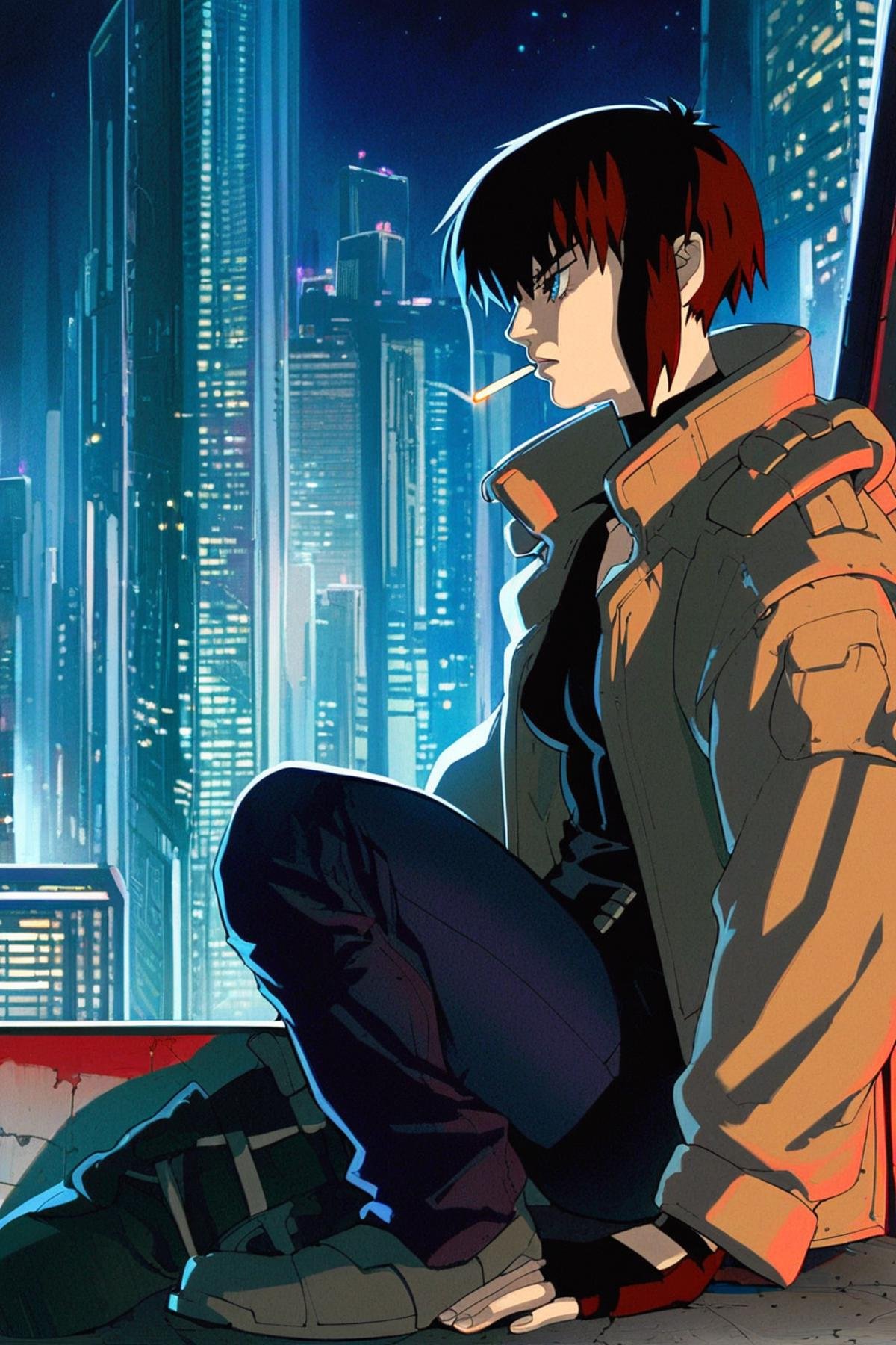 score_9_up, score_8_up, score_7_up,  solo, gloves, fingerless gloves, 1girl, cigarette, sitting, black hair, black gloves, city, building, pants, jacket, short hair, night, dark, knee up, cyberpunk, cityscape, ghost in the shell style, major kusanagi, high quality, best quality, <lora:90s_Retro_anime_style_Pony:1>