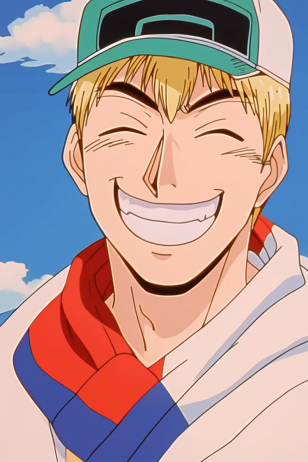 score_9_up, score_8_up, score_7_up, source_anime, blonde hair, 1boy, open mouth, laughing, jewelry, sky, closed eyes, blue sky, meme, smile, hat, scarf, day, cloud, gto anime style, Onizuka, Onizuka wide grin mem face, solo, high quality, best quality, <lora:90s_Retro_anime_style_Pony:1>