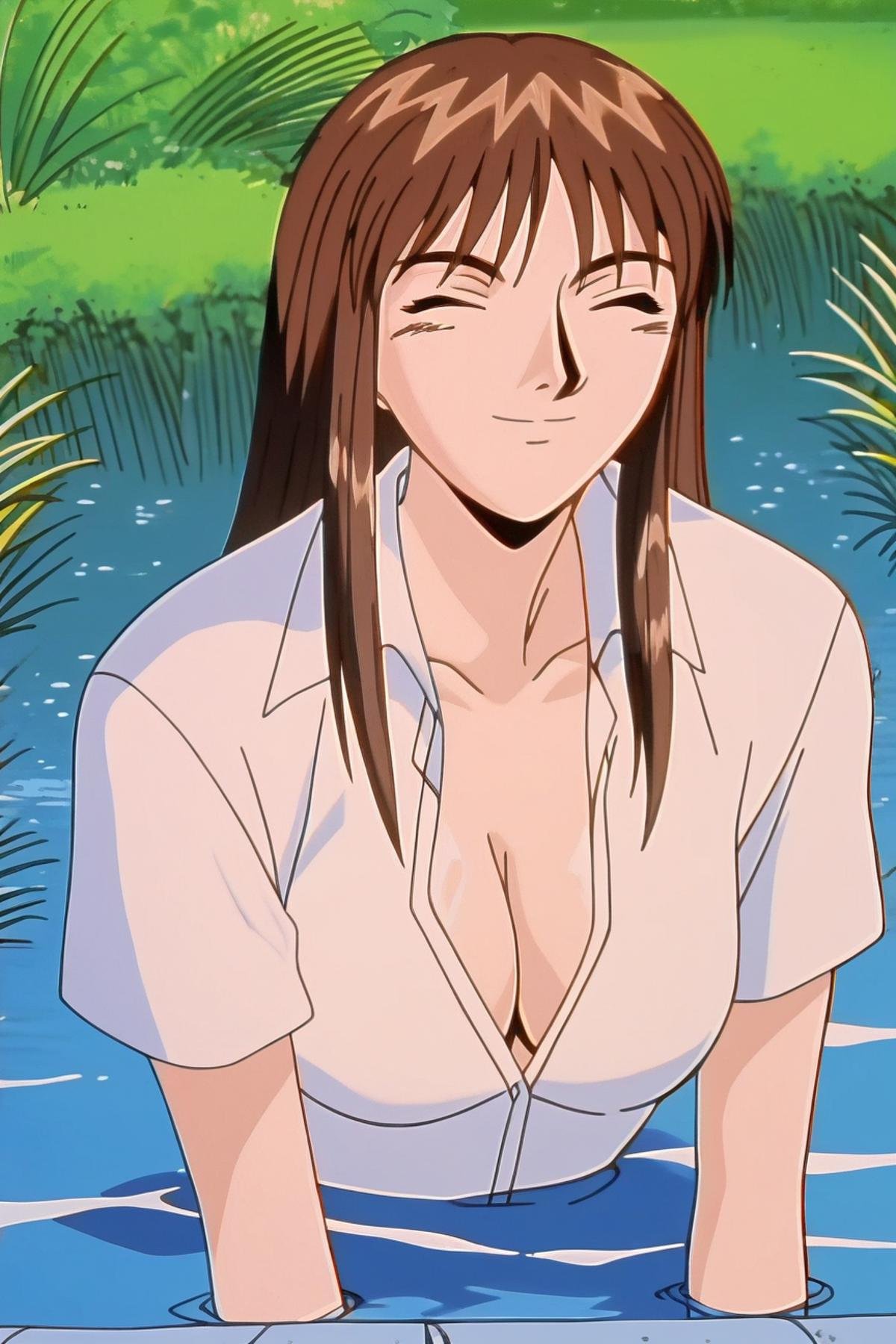 score_9_up, score_8_up, score_7_up, source_anime,1girl, solo, closed eyes, brown hair, retro artstyle, water, long hair, shirt, smile, partially submerged, white shirt, 1990s (style), collared shirt, cleavage, closed mouth, gto anime style, Tomoko Nomura, high quality, best quality, <lora:90s_Retro_anime_style_Pony:1>