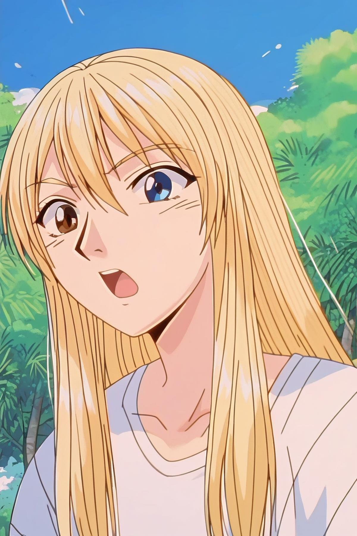 score_9_up, score_8_up, score_7_up, source_anime, 1girl, solo, blonde hair, heterochromia, long hair, open mouth, blue eyes, day, cloud, sky, tree, brown eyes, anime coloring, gto anime style, urumi kanzaki, high quality, best quality, <lora:90s_Retro_anime_style_Pony:1>