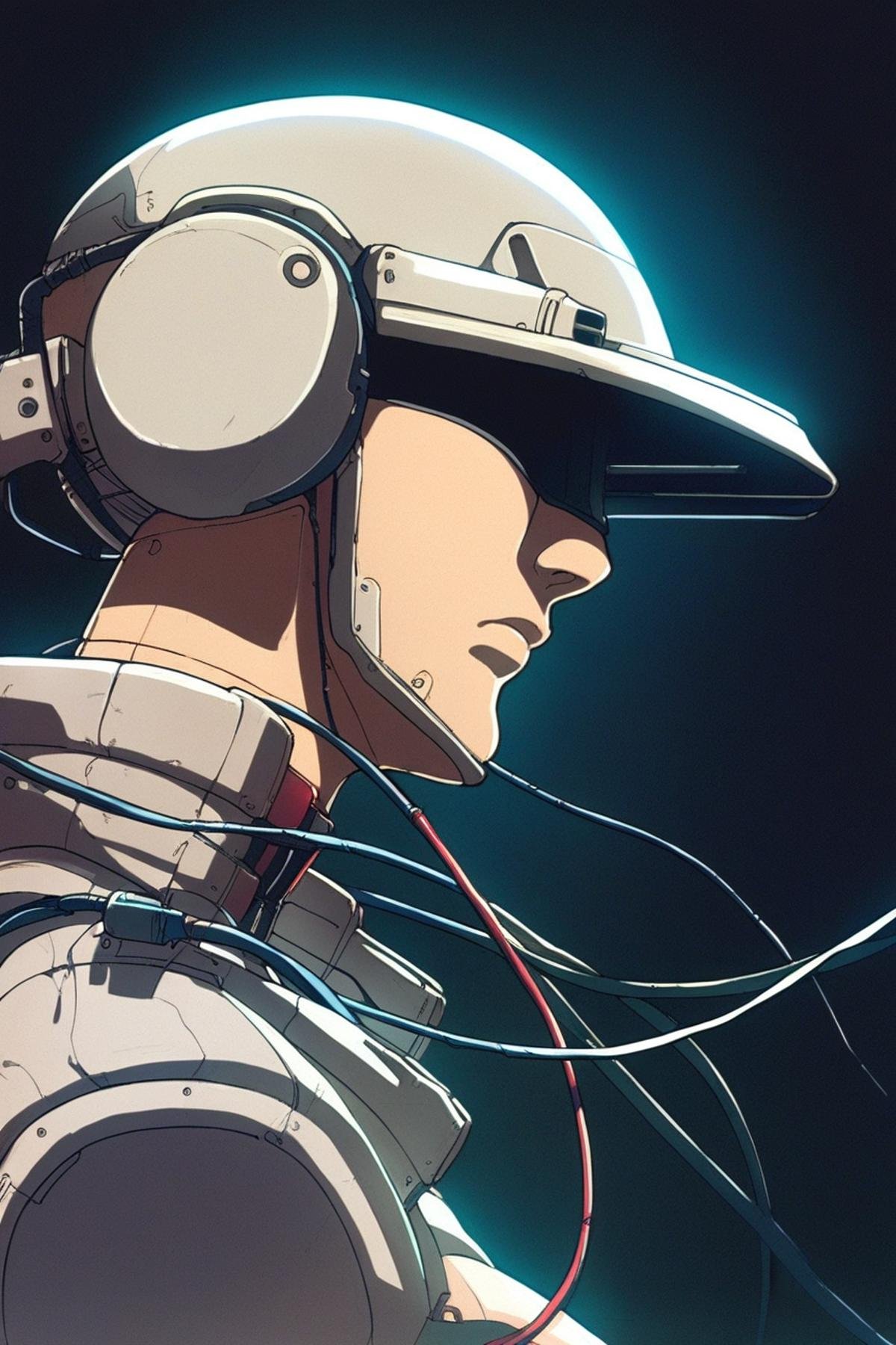 score_9_up, score_8_up, score_7_up, source_anime,  cable, solo, wire, science fiction, robot, no humans, black background, from side, helmet, profile, ghost in the shell style, high quality, best quality, <lora:90s_Retro_anime_style_Pony:1>