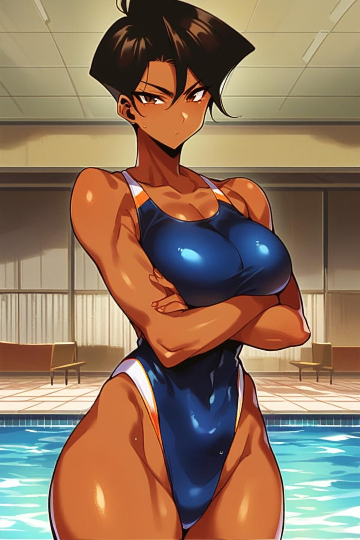 score_9_up, score_8_up, score_7_up, source_anime, 1girl, black hair, short hair, brown eyes, big breasts, dark skin, one-piece swimsuit, standing, looking at viewer, crossed arms, face focus, portrait, indoors, pool, golden boy anime style,high quality, best quality, <lora:90s_Retro_anime_style_Pony:1>