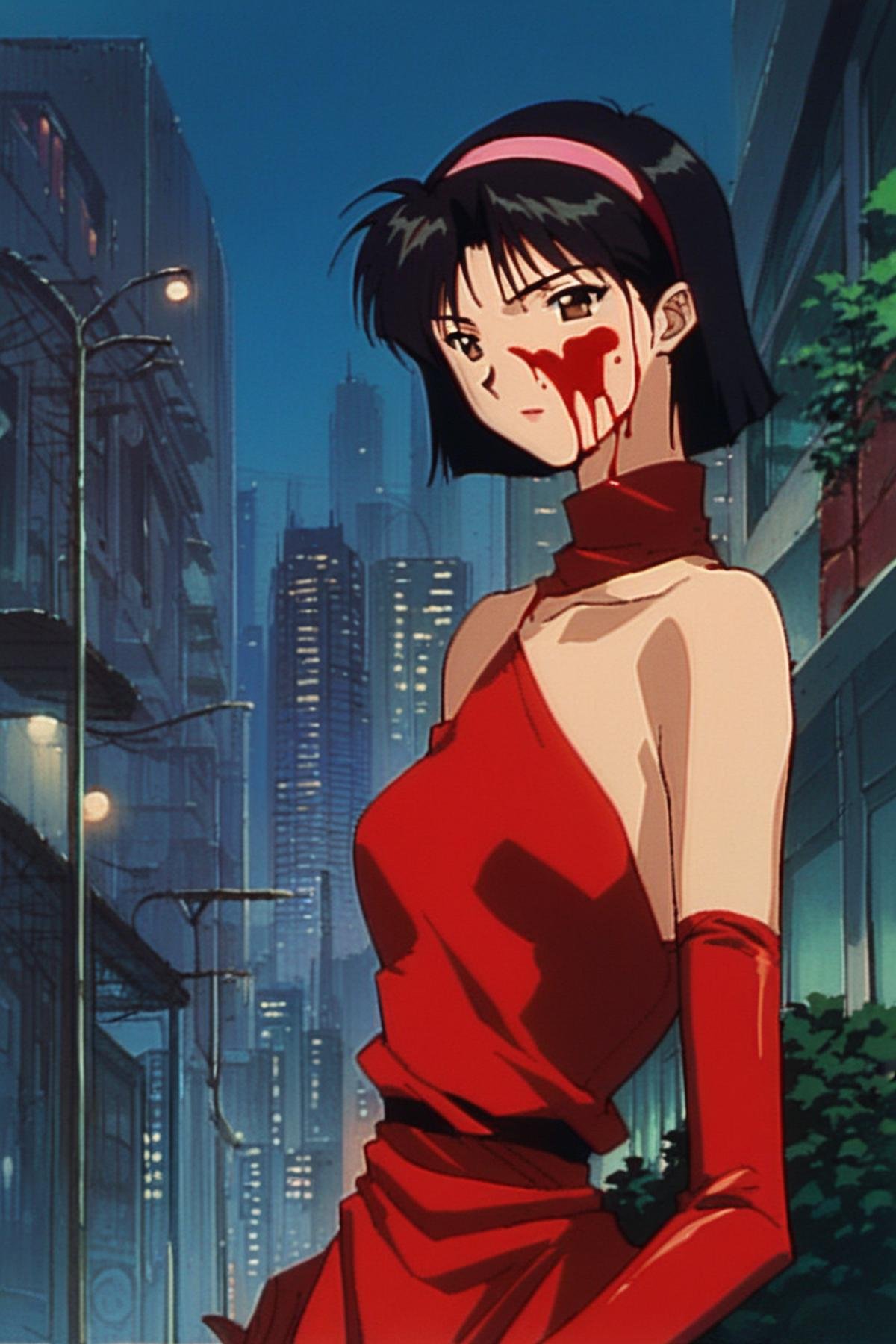 score_9_up, score_8_up, score_7_up, source_anime,1girl, solo, blood, gloves, elbow gloves, hairband, brown eyes, retro artstyle, black hair, dress, blood on face, bare shoulders, perfect blue anime style, solo, outdoors, city, at night, high quality, best quality, <lora:90s_Retro_anime_style_Pony:1>