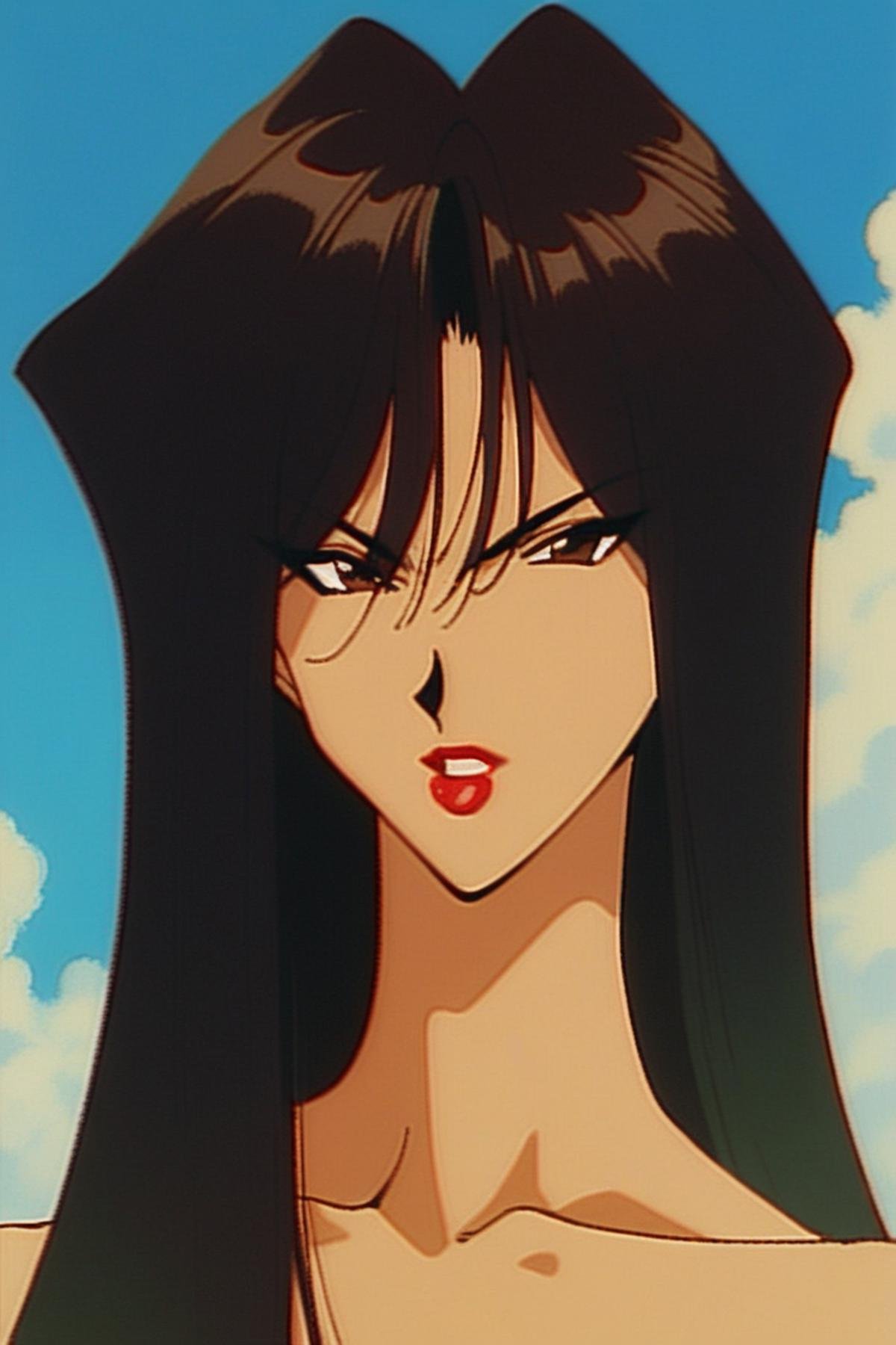 score_9_up, score_8_up, score_7_up, source_anime,1girl, solo, long hair, retro artstyle, red lips, parted lips, black hair, brown eyes, lipstick, makeup, portrait, bangs, black eyes, cloud, sky, golden boy anime style, high quality, best quality, <lora:90s_Retro_anime_style_Pony:1>