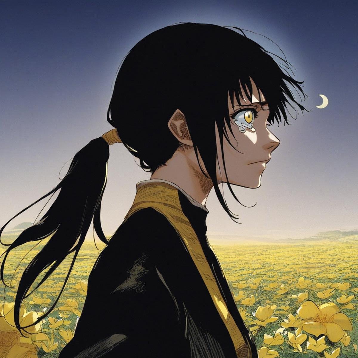 score_9, score_8_up, score_7_up, source_manga, colored, manga, manga style, 1girl, yellow eyes, long black hair, ponytail haircut,black kimono top, black wide pants, yellow belt at the waist, closed outfit, detailed outfit, yellow flower patterns on kimino, detailed otfit, standing, looking up, looking on night sky,closed mouth, soft smile, tears, tired, face focus, close up, from side, background flower field, at night, soft light, moon in sky, solo focus, dark light, shadows, masterpiece, high quality, best quality