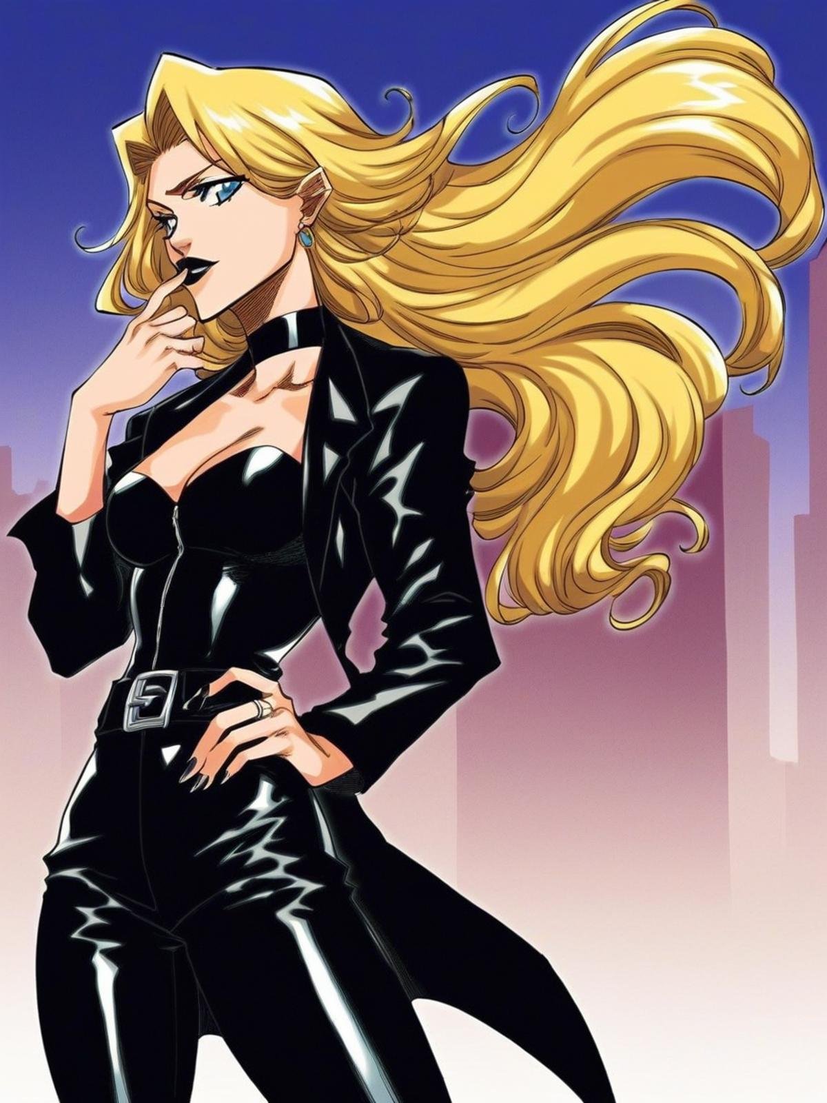 score_9, score_8_up, score_7_up, source_manga, colored, Tite Kubo manga style, Tite Kubo art style, <lora:Tite_Kubo_manga_style_Pony:1>, 1girl, blue eyes,  long hair, blonde hair, black lipstick, big lips, dark makeup, leather black coat, black corset, five fingers, good fingers, black leather pants, belts on waist, choker, earrings,jewellery, rings, stylish, closed mouth, standing, fingers on mouth, portrait, ((background city, at night)), soft light, shadowing, best quality, masterpiece