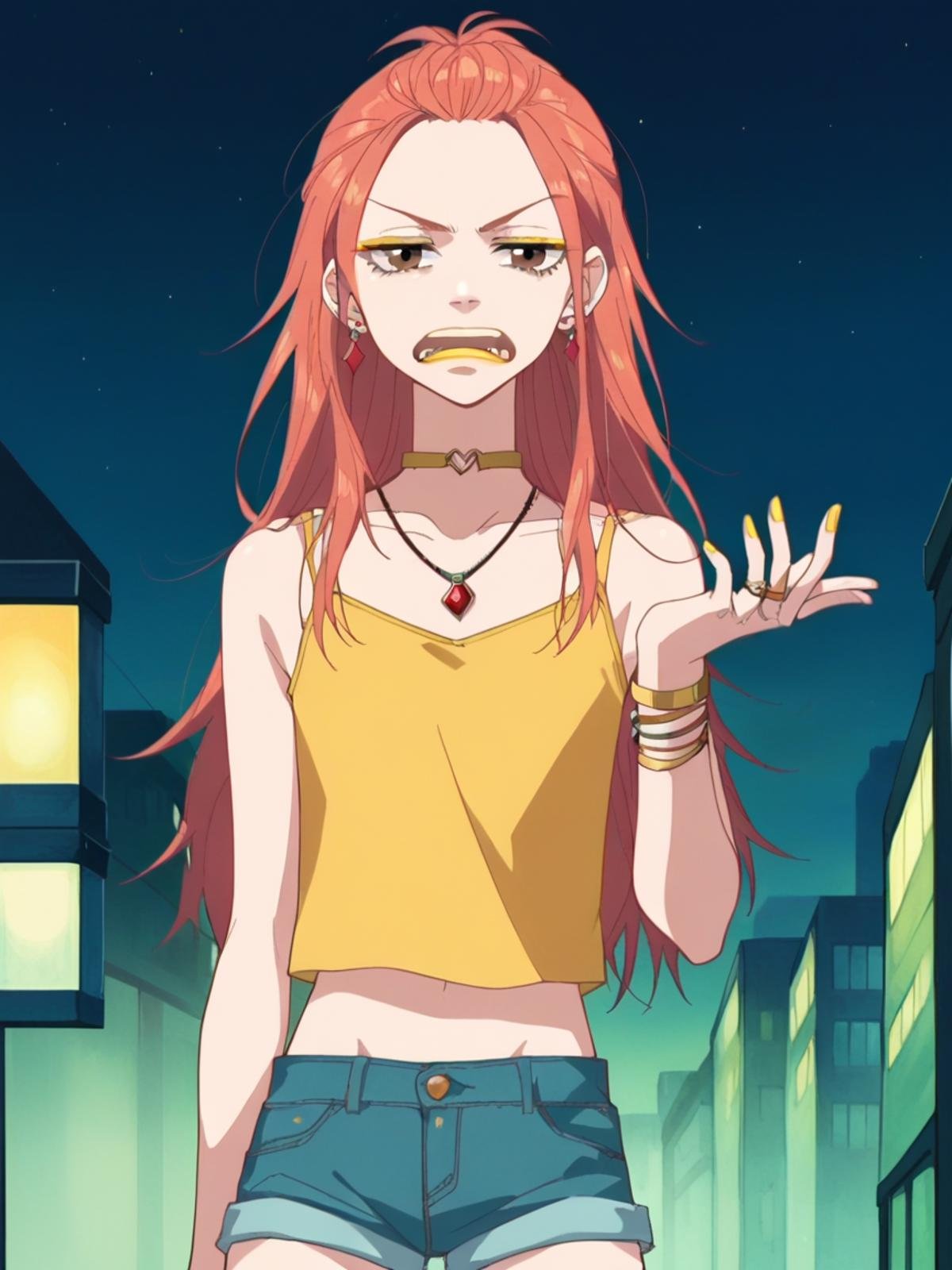 score_9, score_8_up, score_7_up, source_anime, Risa Koizumi, ginger hair, very tall, school girl, stylish,brown eyes, big eyes, yellow crop top, short pants, pendant choker, make up, yellow eyeliner, yellow lipstick, rings on hands, earrings, jewellery, long hair,<lora:Risa_Koizumi_SDXL:1>, standing, ((tired, mouth open, wawy mouth, meme face, meme, face focus, portrait)),background city, at night, best quality, masterpiece