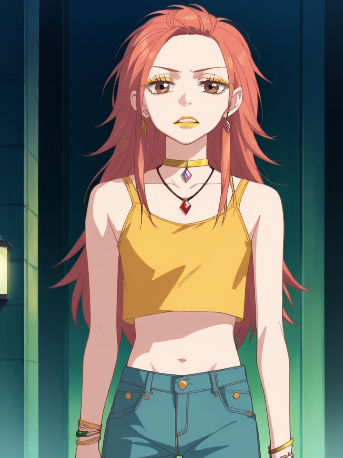 score_9, score_8_up, score_7_up, source_anime, Risa Koizumi, ginger hair, very tall, school girl, stylish,brown eyes, big eyes, yellow crop top, short pants, pendant choker, make up, yellow eyeliner, yellow lipstick, rings on hands, earrings, jewellery, long hair,<lora:Risa_Koizumi_SDXL:1>, standing, tired, mouth open, wawy mouth, meme face, meme, face focus, portrait,background city, at night, best quality, masterpiece