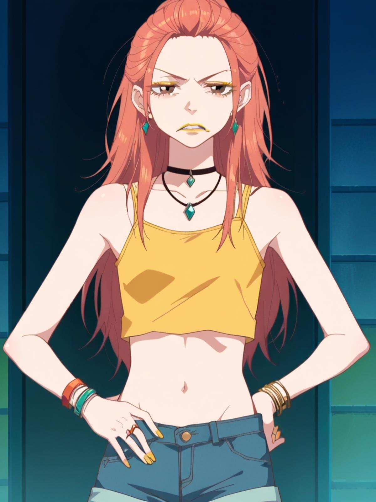 score_9, score_8_up, score_7_up, source_anime, Risa Koizumi, ginger hair, very tall, school girl, stylish,brown eyes, big eyes, yellow crop top, short pants, pendant choker, make up, yellow eyeliner, yellow lipstick, rings on hands, earrings, jewellery, long hair,<lora:Risa_Koizumi_SDXL:1>, standing, ((tired, mouth open, wawy mouth, meme face, meme, face focus, portrait)),background city, at night, best quality, masterpiece