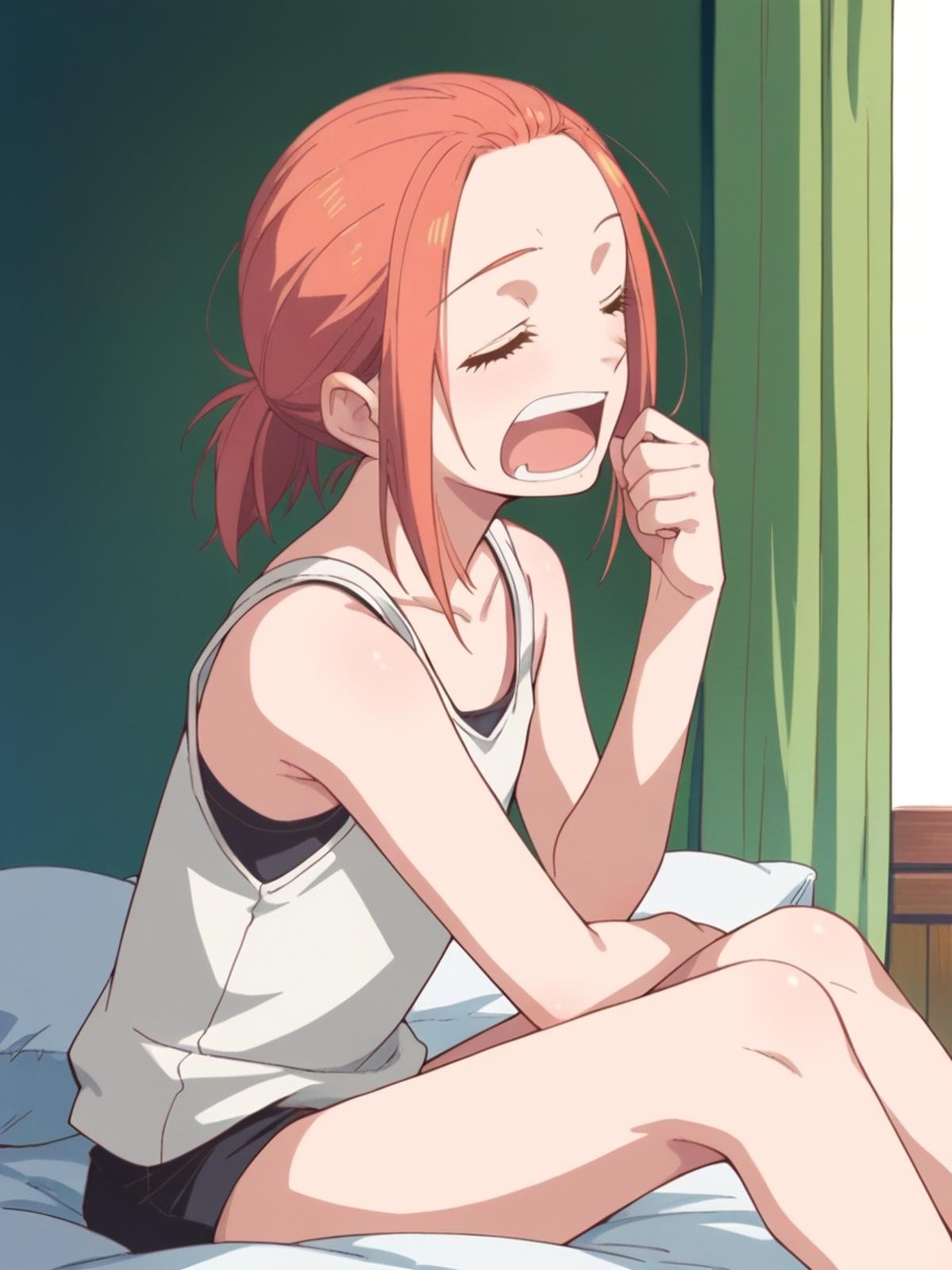 score_9, score_8_up, score_7_up, source_anime, Risa Koizumi, ginger hair, very tall, school girl, stylish,brown eyes, big eyes, white tank top, panty, <lora:Risa_Koizumi_SDXL:1>, in bed, sitting, yawning, rubbing eyes, closed eyes, sleepy, meme face, from side, background bedroom, best quality, masterpiece