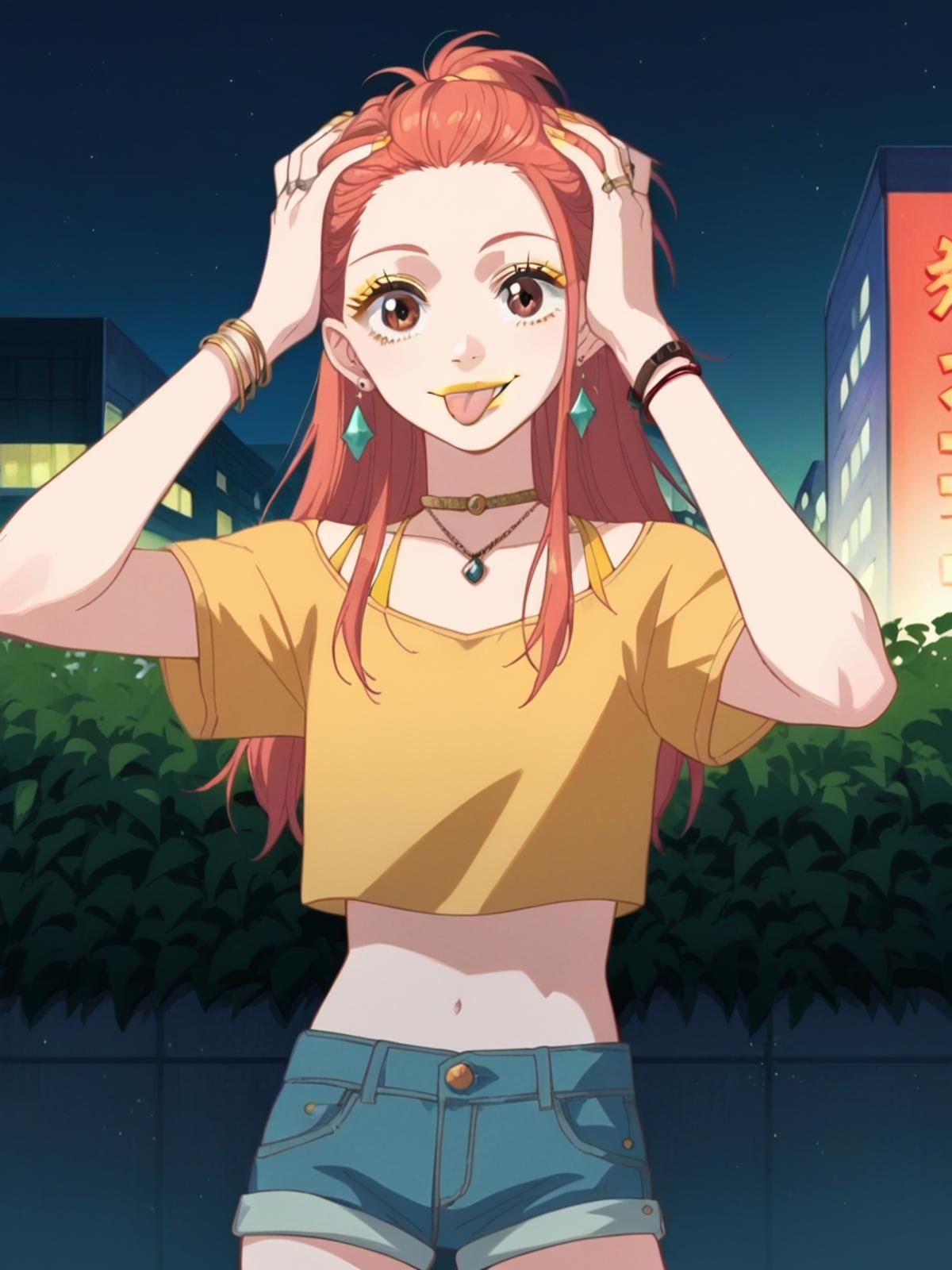 score_9, score_8_up, score_7_up, source_anime, Risa Koizumi, ginger hair, very tall, school girl, stylish,brown eyes, big eyes, yellow crop top, short pants, pendant choker, make up, yellow eyeliner, yellow lipstick, rings on hands, earrings, jewellery, long hair,<lora:Risa_Koizumi_SDXL:1>, standing, smile, closed mouth, ((tongue out, bleh)), hands on head, meme, front view, background city, at night, best quality, masterpiece