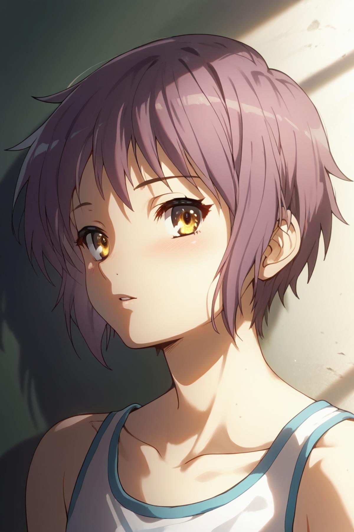 score_9, score_8_up, score_7_up, source_anime, Yuki Nagato, short hair, purple hair, yellow eyes, <lora:Yuki_Nagato_SDXL:1>, portrait, face focus, front view, background bedroom, messy bedroom, masterpiece, 4k, best quality