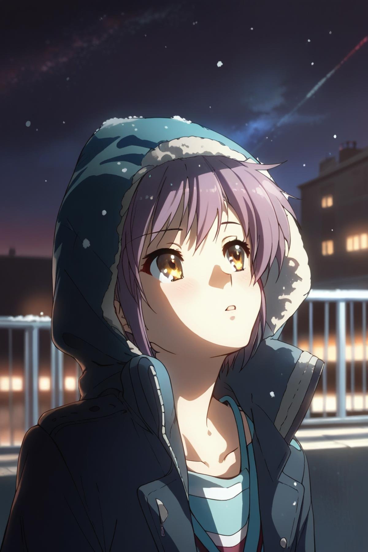 score_9, score_8_up, score_7_up, source_anime, Yuki Nagato, short hair, purple hair, yellow eyes, school uniform, winter jacket, jacket hood on head, <lora:Yuki_Nagato_SDXL:1>, looking up, looking on stars, background rooftop, stars in sky, at night, soft light, snow, snowfall, snowflake, masterpiece, 4k, best quality