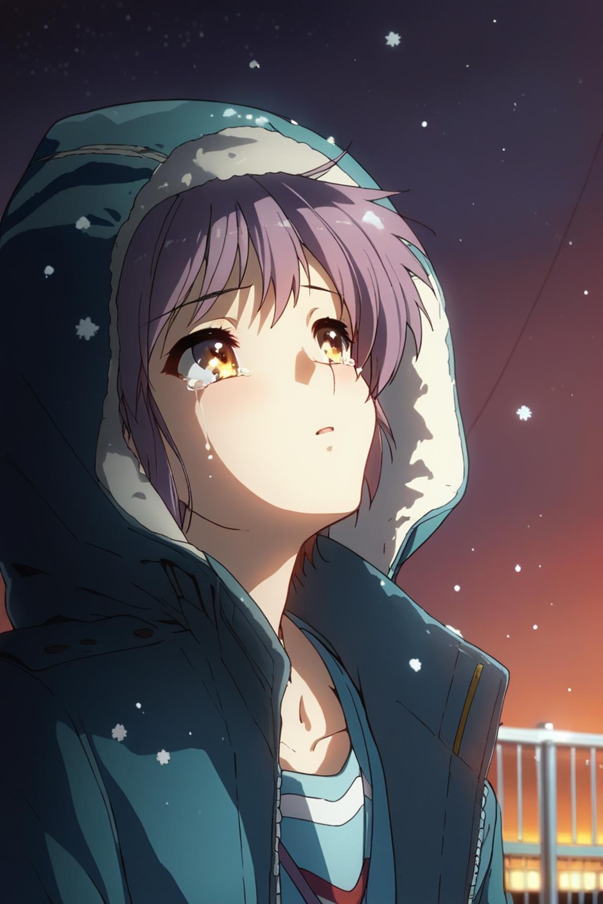 score_9, score_8_up, score_7_up, source_anime, Yuki Nagato, short hair, purple hair, yellow eyes, school uniform, winter jacket, jacket hood on head, <lora:Yuki_Nagato_SDXL:1>, looking up, looking on stars, hands little up, tears, tearsdrop, background rooftop, stars in sky, at night, soft light, snow, snowfall, snowflake, masterpiece, 4k, best quality