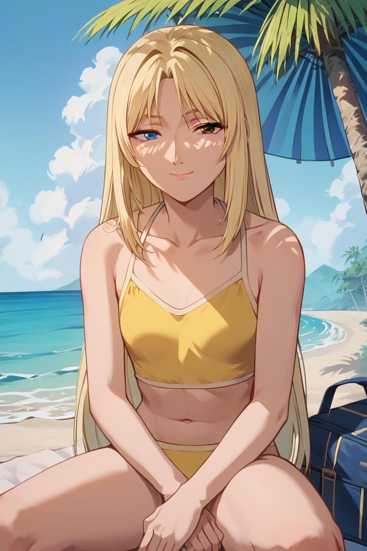 score_9, score_8_up, score_7_up, source_anime, Urumi Kanzaki, heterochromia, blue eye, brown eye, blonde hair, long, hair,yellow bikini, <lora:Urumi_Kanzaki_SDXL:1>,  sitting, legs spread, closed eyes, closed mouth, soft smile, front view, background beach, masterpiece, 4k, best quality