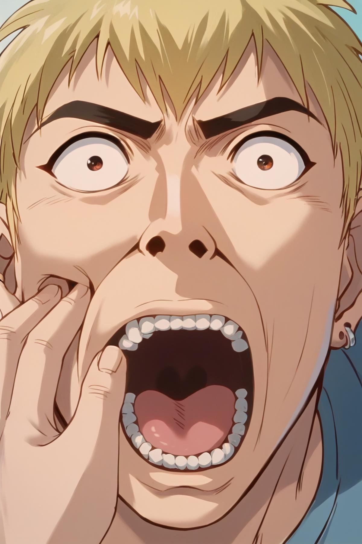 score_9, score_8_up, score_7_up, source_anime BREAK Ekiti Onizuka, muscular, blonde hair, brown eyes, short hair, ear piercing,  t-shir, cargo pants, <lora:Ekiti_OnizukaSDXL:1>, wide eyed, meme face, screaming, hand on face, portrait, close up, background bedroom, masterpiece, 4k, best quality