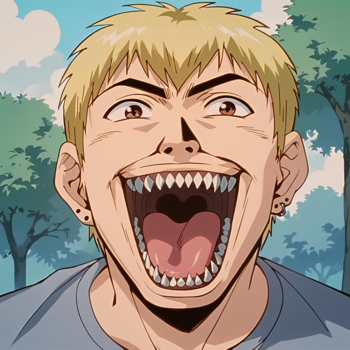 score_9, score_8_up, score_7_up, source_anime BREAK Ekiti Onizuka, muscular, blonde hair, brown eyes, short hair, ear piercing,  t-shir, cargo pants, <lora:Ekiti_OnizukaSDXL:1>,meme, meme face, wide face,  laughing, meme very big and sharp teeth, mouth open, cheek up, portrait,  masterpiece, 4k, best quality