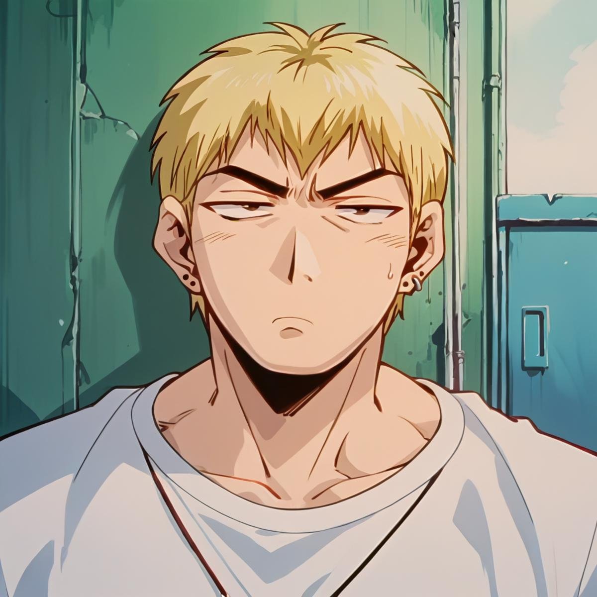 score_9, score_8_up, score_7_up, source_anime BREAK Ekiti Onizuka, muscular, blonde hair, brown eyes, short hair, ear piercing,  t-shir, cargo pants, <lora:Ekiti_OnizukaSDXL:1>, very annoyed, meme face, portrait,  masterpiece, 4k, best quality