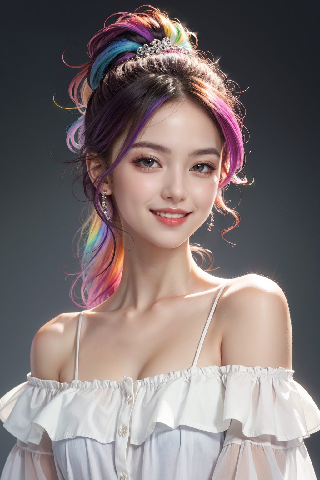 masterpiece, best quality, photorealistic, raw photo, 1girl, long hair, blouse, light smile, detailed skin, pore, off_shoulder, Realism, rainbow hair, rich color