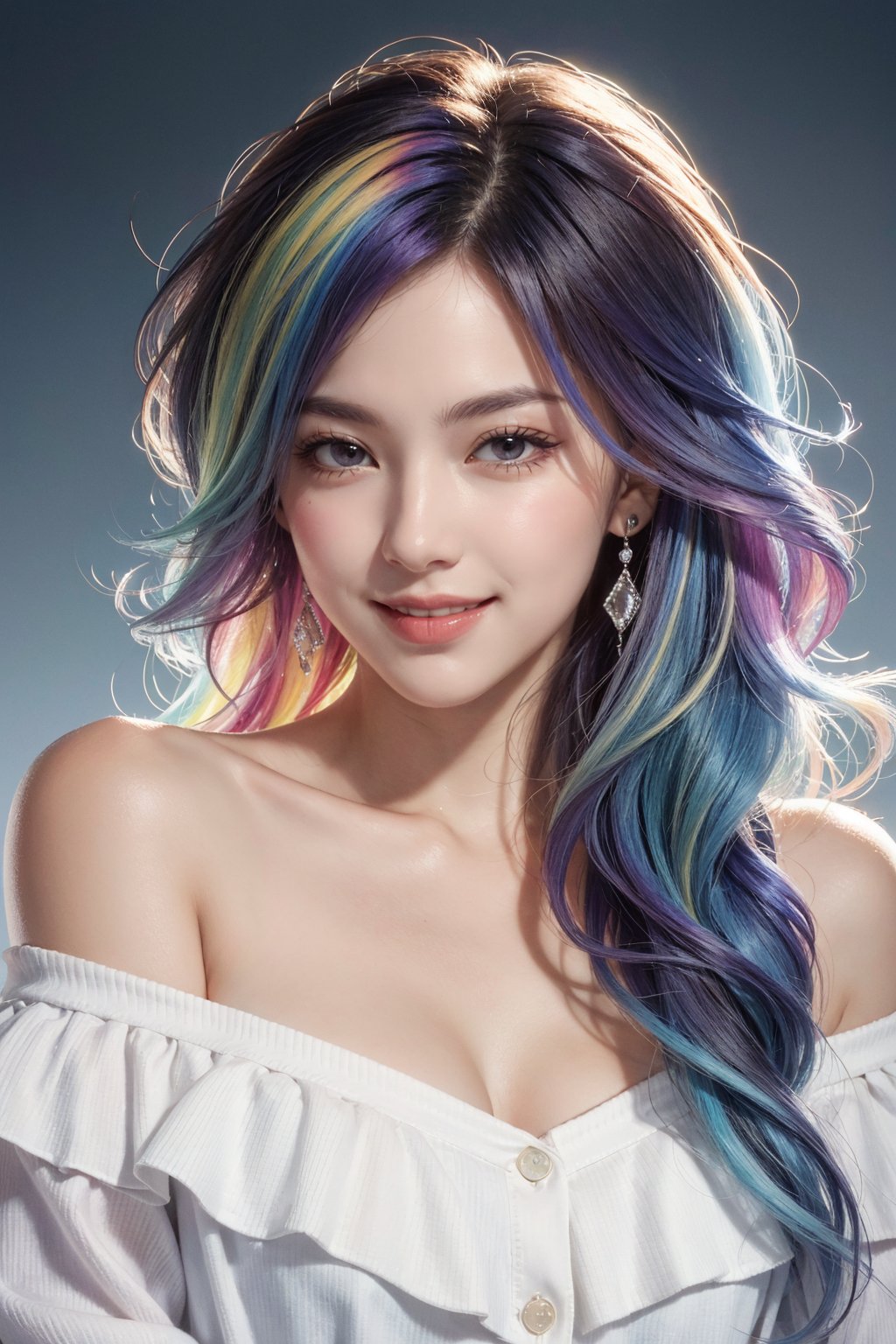 masterpiece, best quality, photorealistic, raw photo, 1girl, long hair, blouse, light smile, detailed skin, pore, off_shoulder, Realism, rainbow hair, rich color