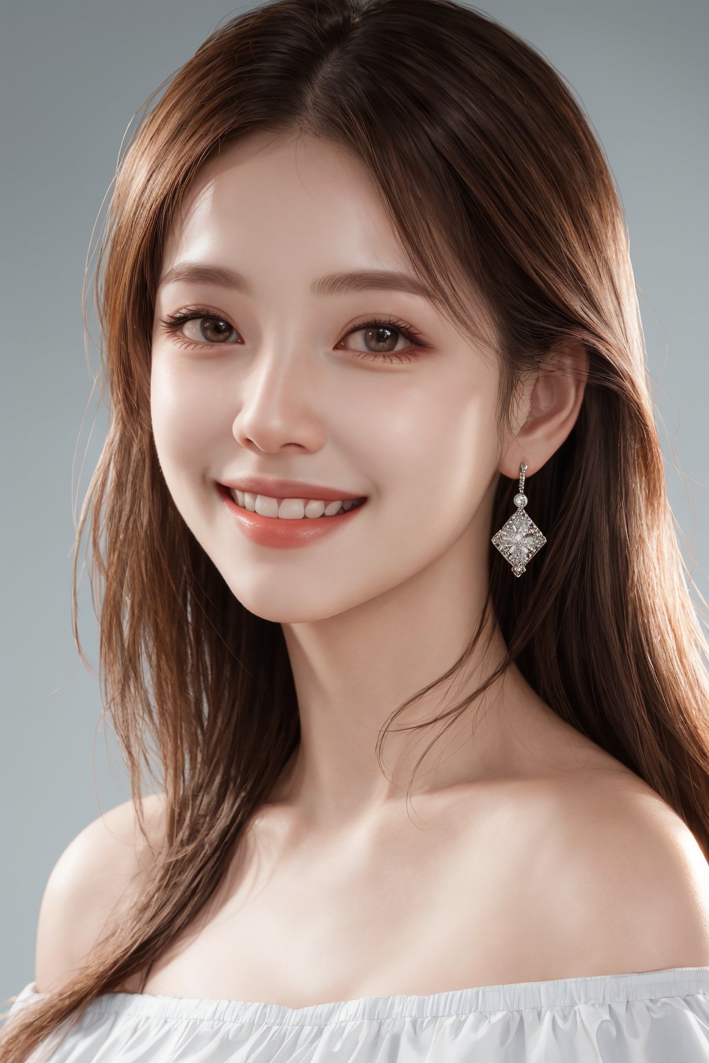 masterpiece, best quality, photorealistic, raw photo, 1girl, long hair, blouse, light smile, detailed skin, pore, off_shoulder, Realism, two tones hair, red and white