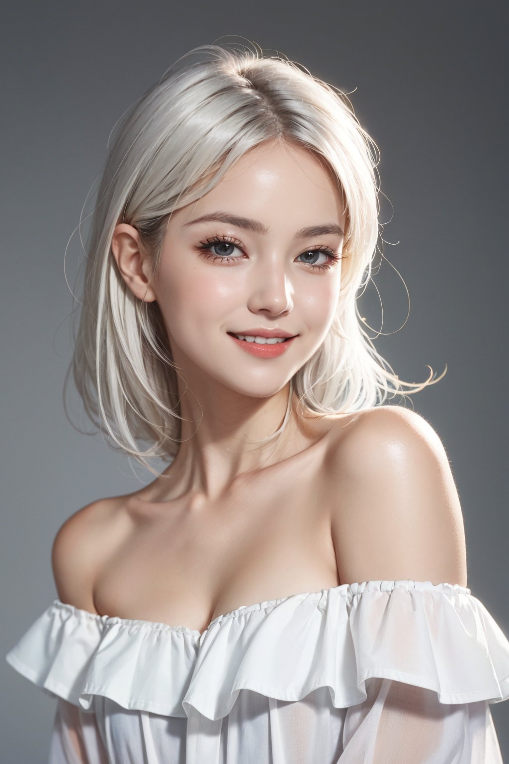 masterpiece, best quality, photorealistic, raw photo, 1girl, long hair, blouse, light smile, detailed skin, pore, off_shoulder, Realism, white hair