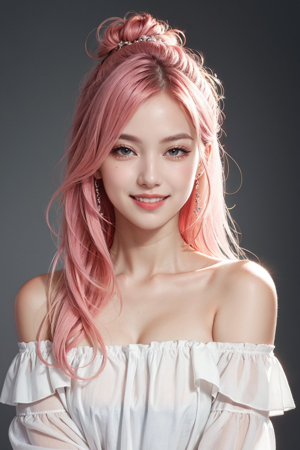 masterpiece, best quality, photorealistic, raw photo, 1girl, long hair, blouse, light smile, detailed skin, pore, off_shoulder, Realism, pink hair