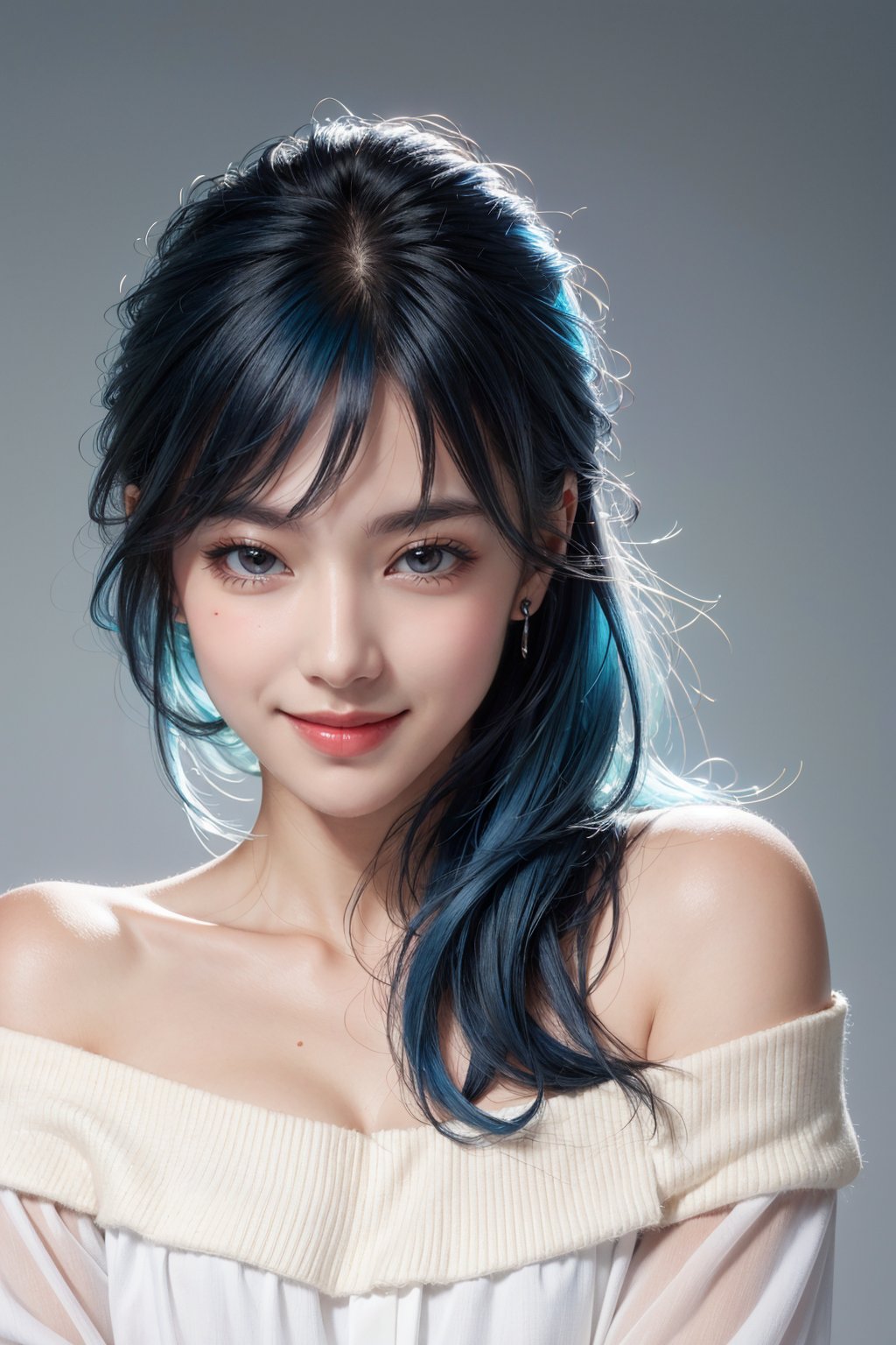 masterpiece, best quality, photorealistic, raw photo, 1girl, long hair, blouse, light smile, detailed skin, pore, off_shoulder, Realism, blue hair