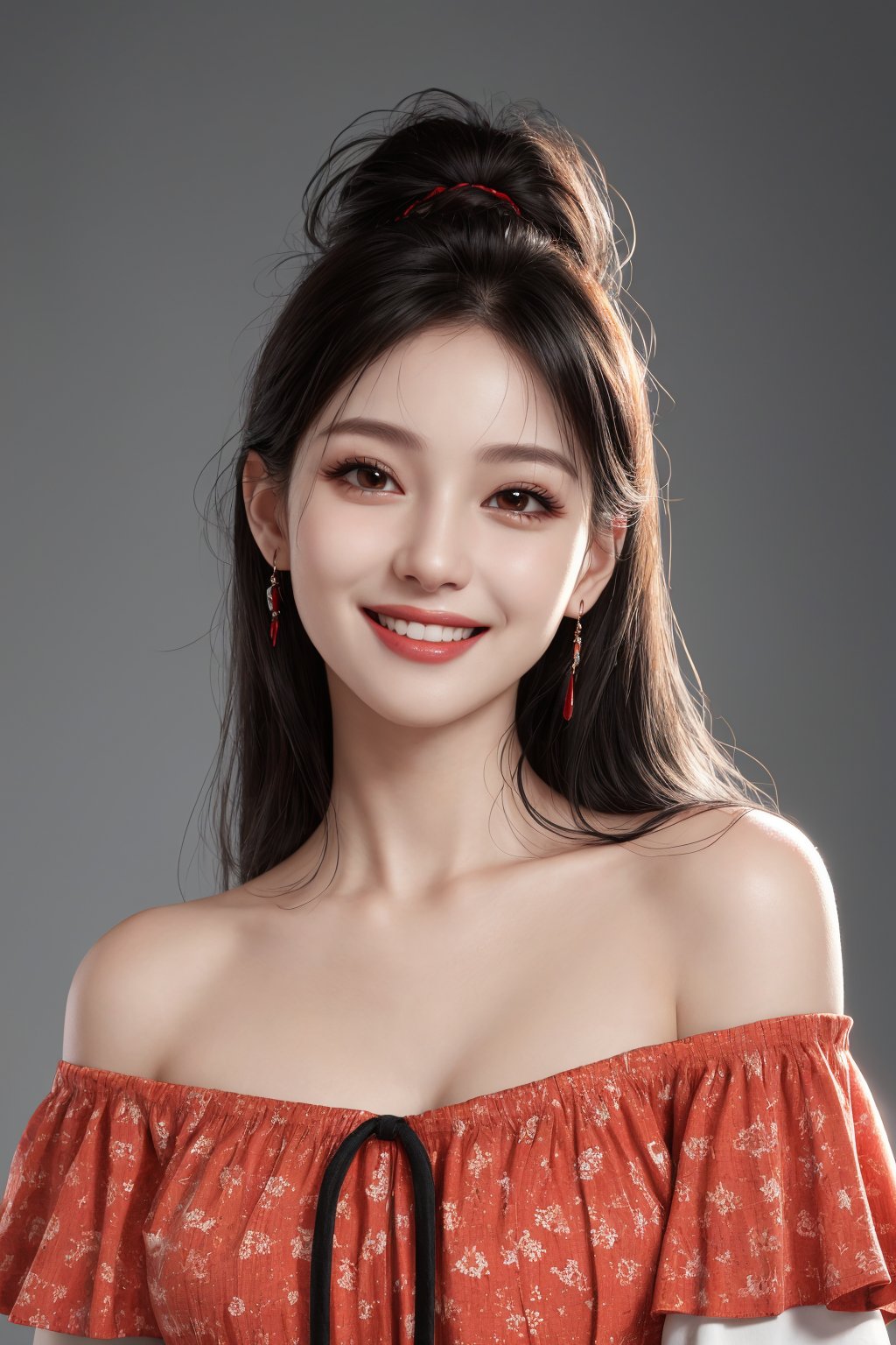 masterpiece, best quality, photorealistic, raw photo, 1girl, long hair, blouse, light smile, detailed skin, pore, off_shoulder, Realism, two tones hair, red and black hair