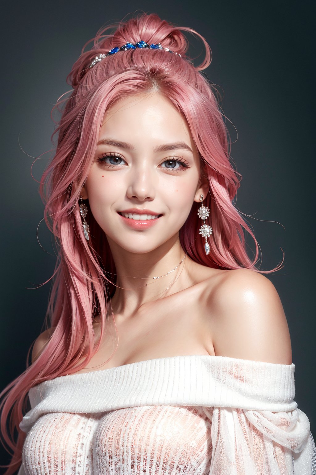 masterpiece, best quality, photorealistic, raw photo, 1girl, long hair, blouse, light smile, detailed skin, pore, off_shoulder, Realism, pink hair