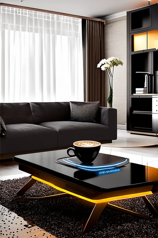 masterpiece, top quality, best quality, official art, beautiful and aesthetic, extreme detailed, a high-tech coffee table with built-in wireless charging and touch controls, transparent materials and glowing edges, set in a sleek, modern living room
