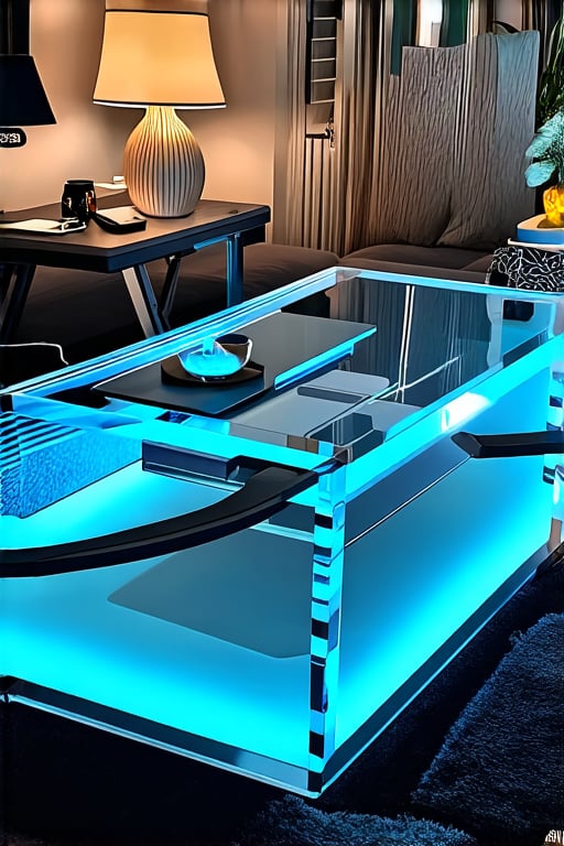 masterpiece, top quality, best quality, official art, beautiful and aesthetic, extreme detailed, a high-tech coffee table with built-in wireless charging and touch controls, transparent materials and glowing edges, set in a sleek, modern living room
